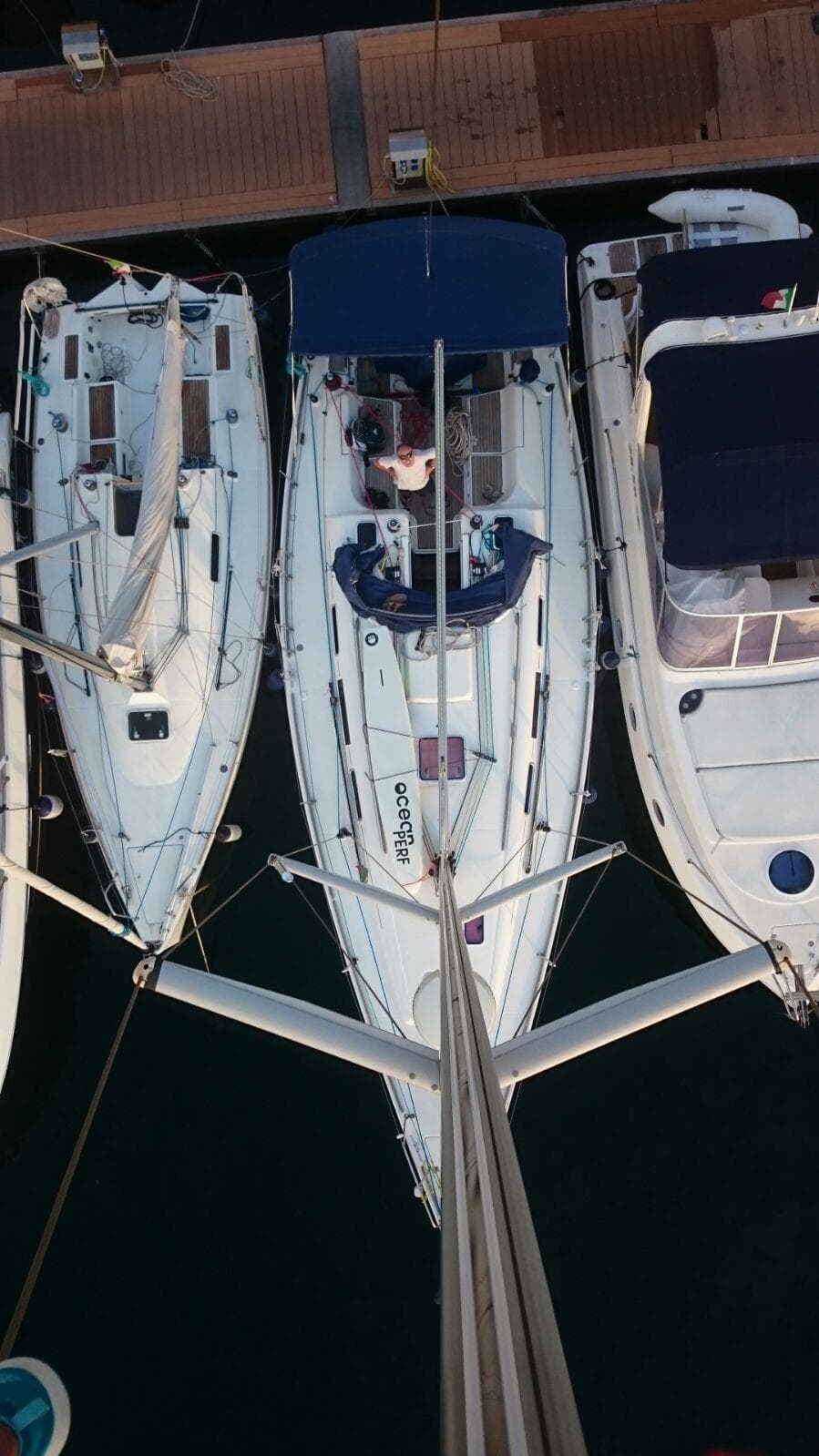 Overhead view of a 2006 Dufour 40 Owners Version yacht docked at a marina.