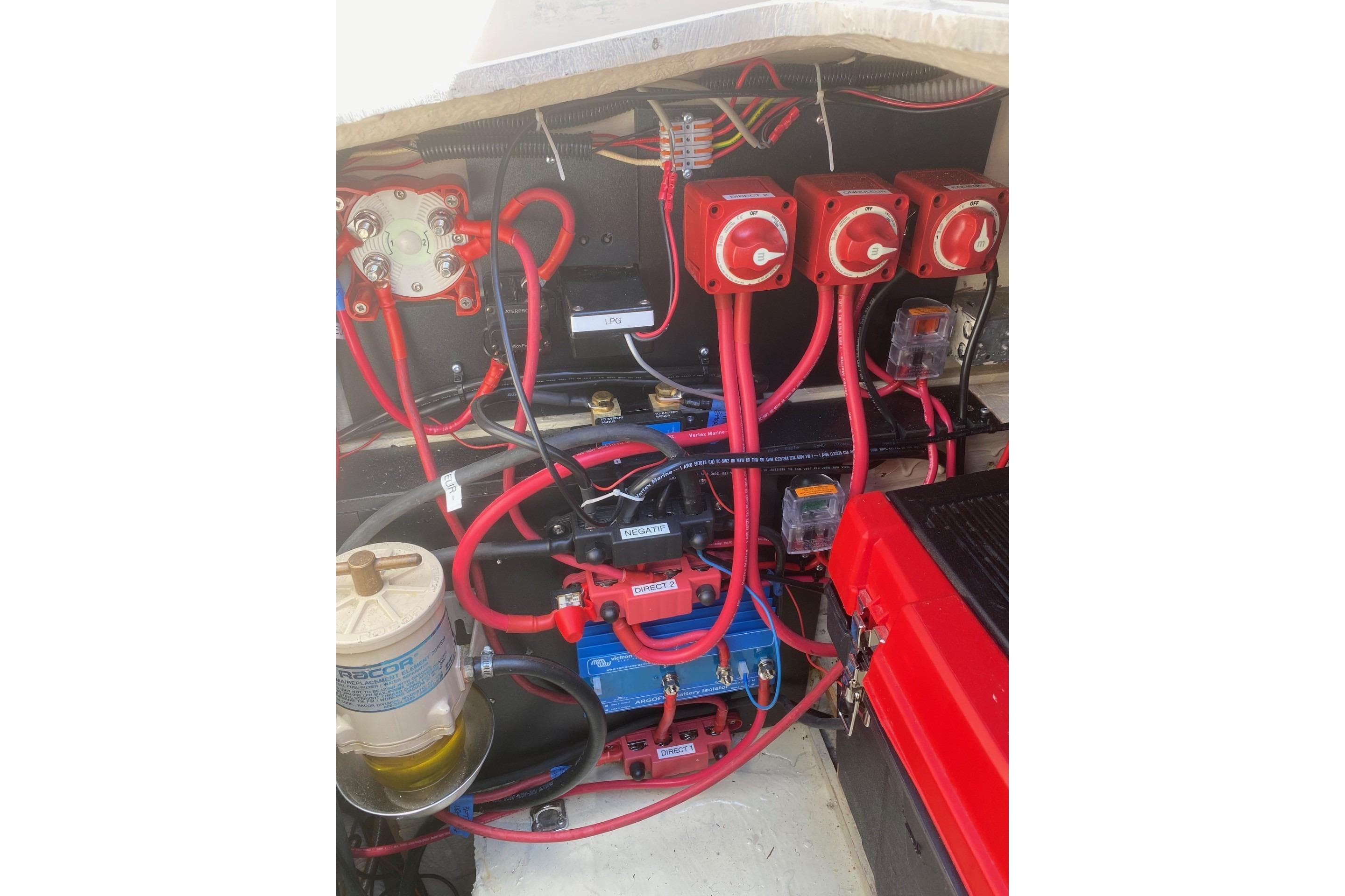 Electrical system of a 1988 Bayfield 36 Cutter sailboat, featuring wiring and switches.