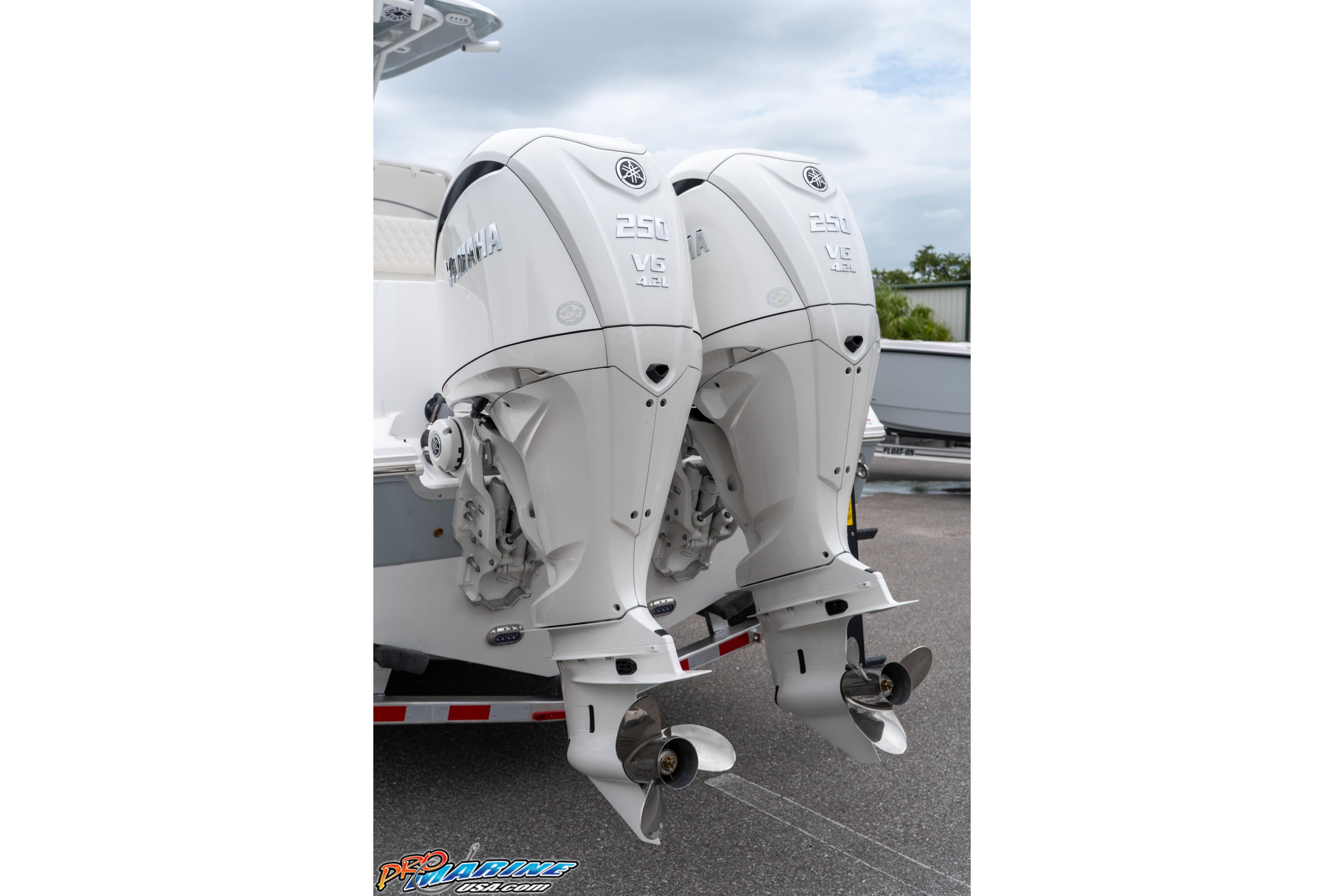 Twin Yamaha outboard engines on a 2027 Sea Hunt Gamefish 27 boat.