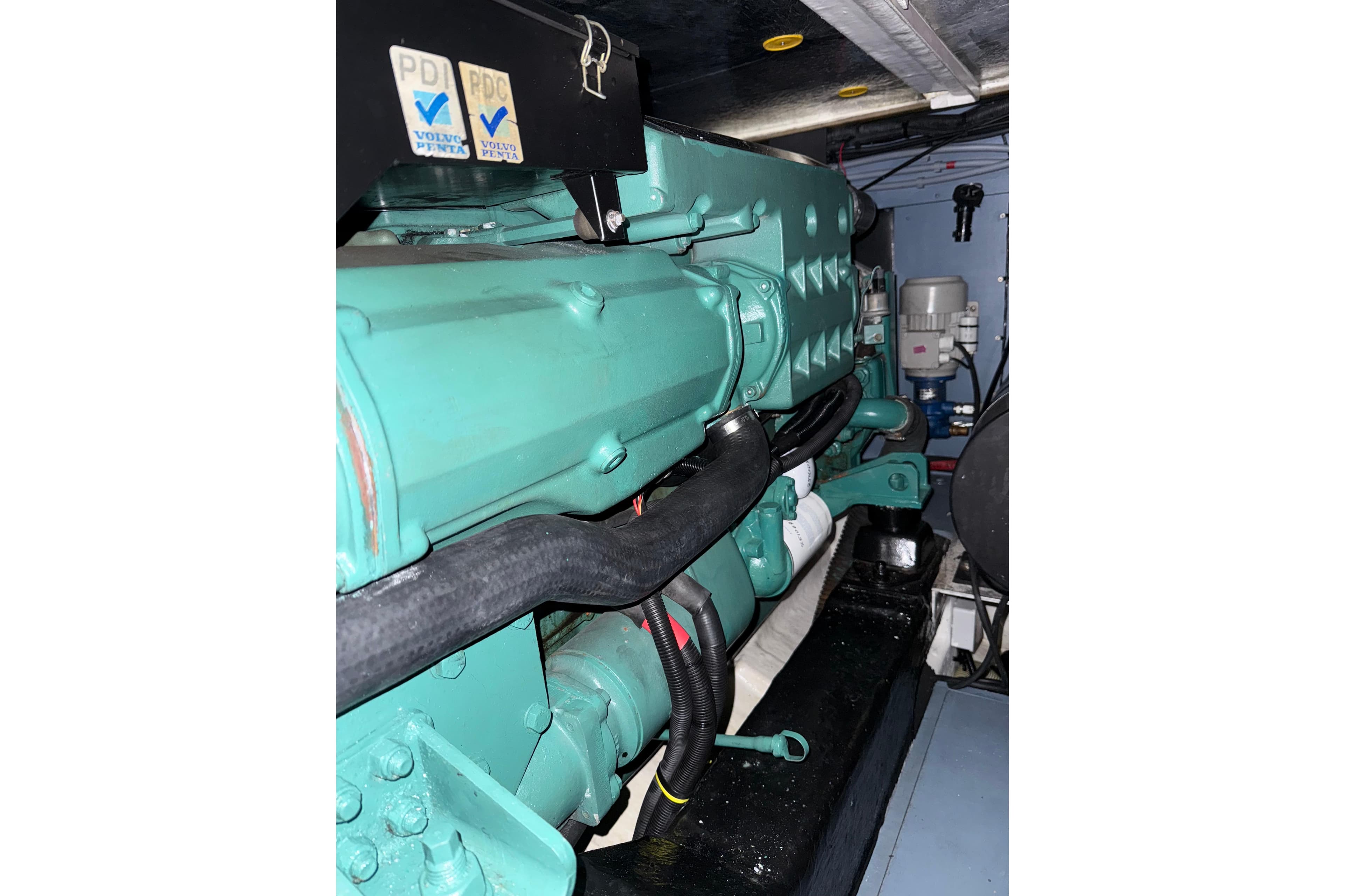 Engine compartment of a 1999 Princess 40 yacht with Volvo Penta components.