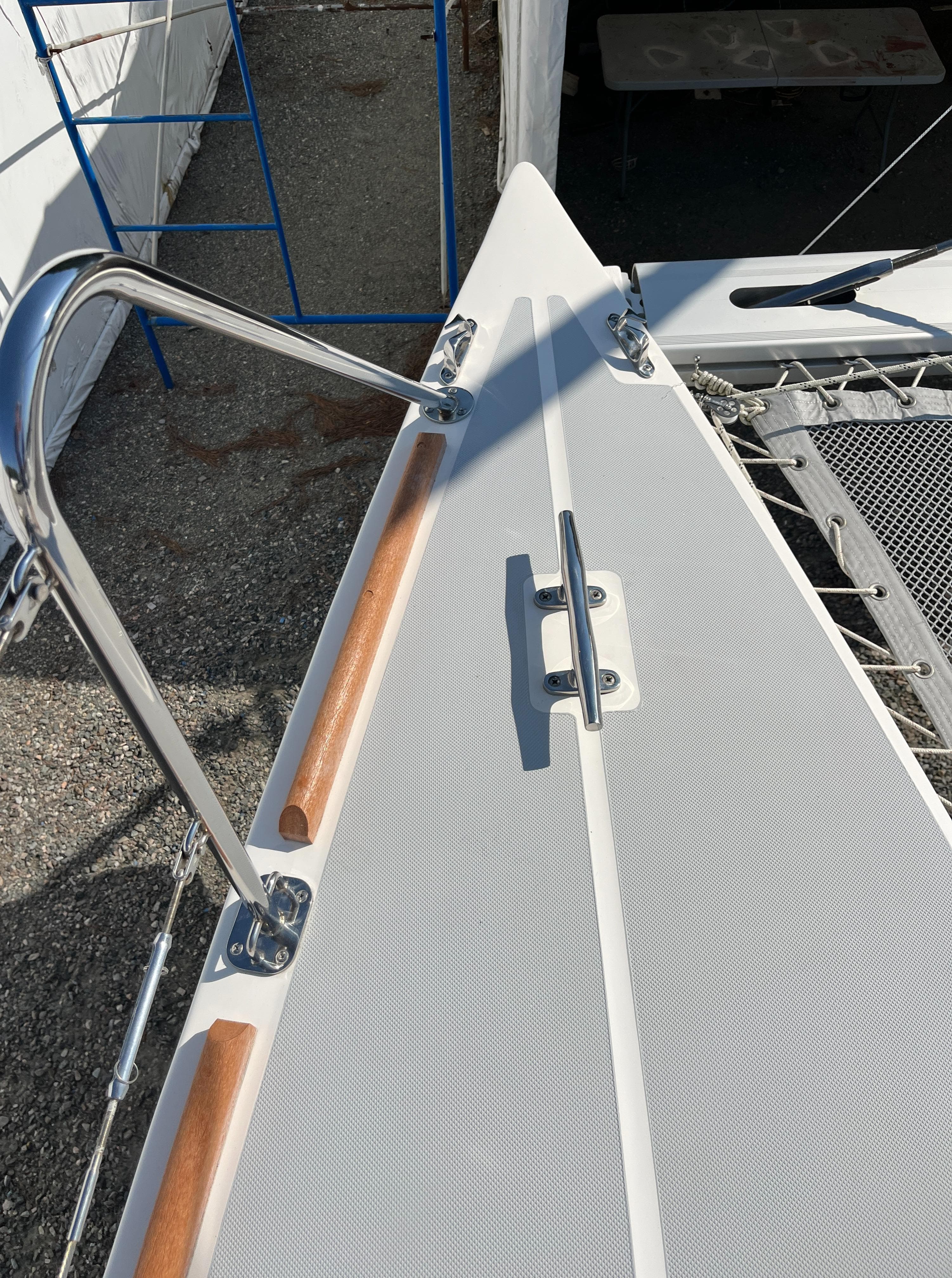 Bow of 2018 Maine Cat 38 Electric catamaran with stainless steel fittings.