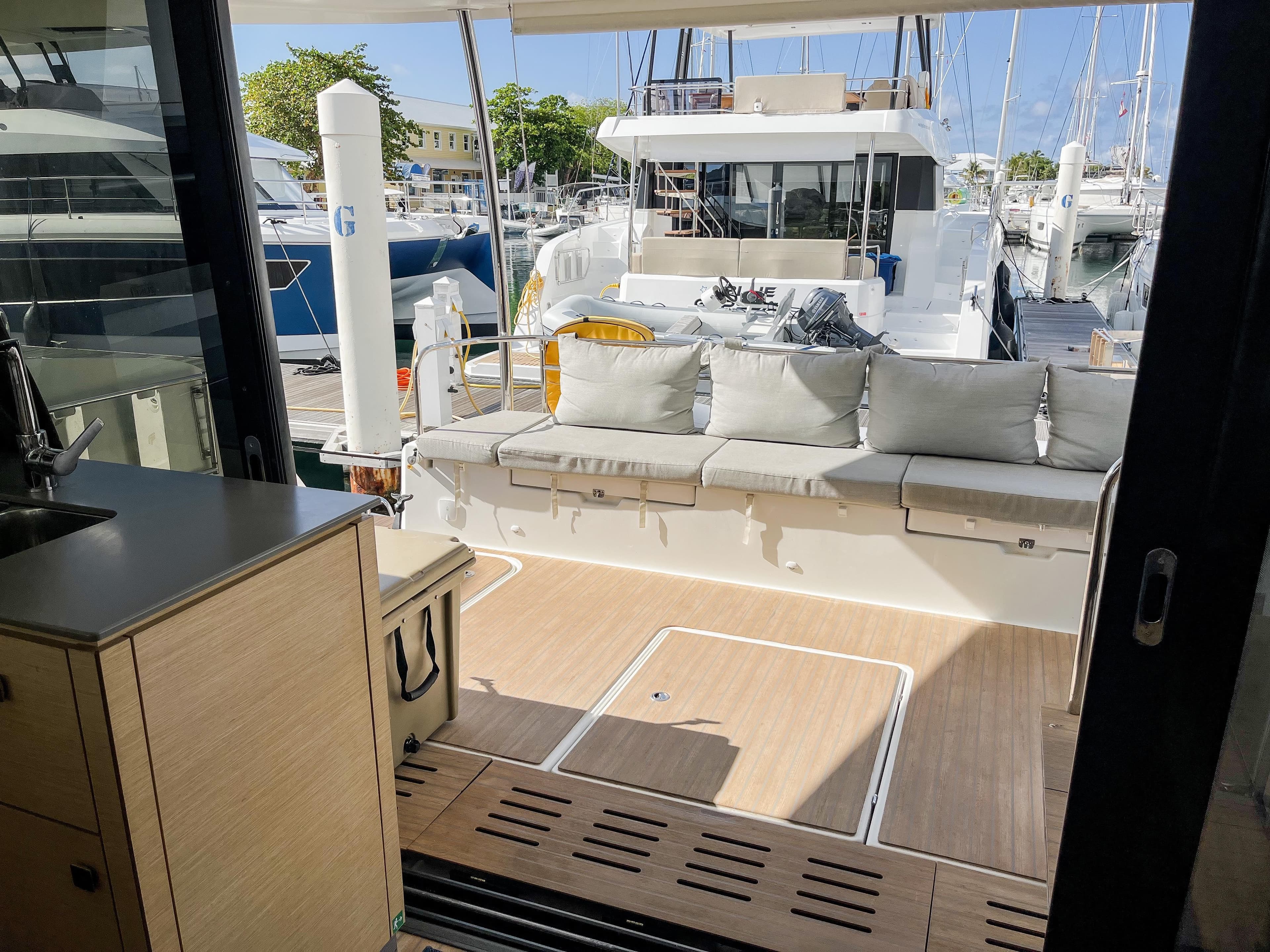 2020 Fountaine Pajot MY 44 yacht interior with spacious seating and modern design.