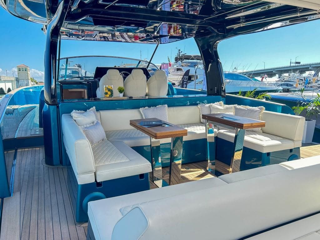 Luxurious seating area on the 2024 Solaris Power 52 Open yacht.