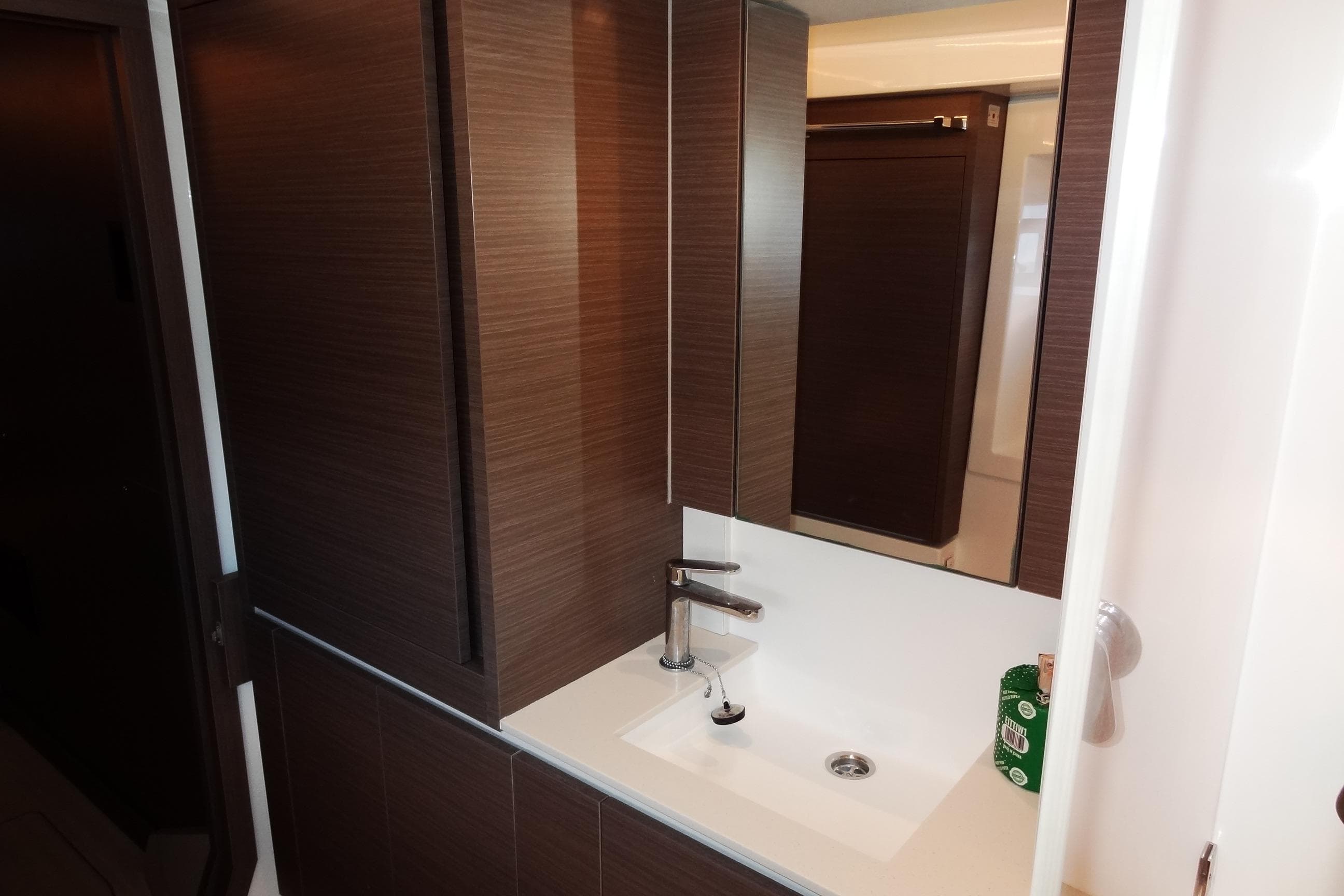 Modern bathroom interior of 2024 Leopard 42 yacht by Robertson and Caine.