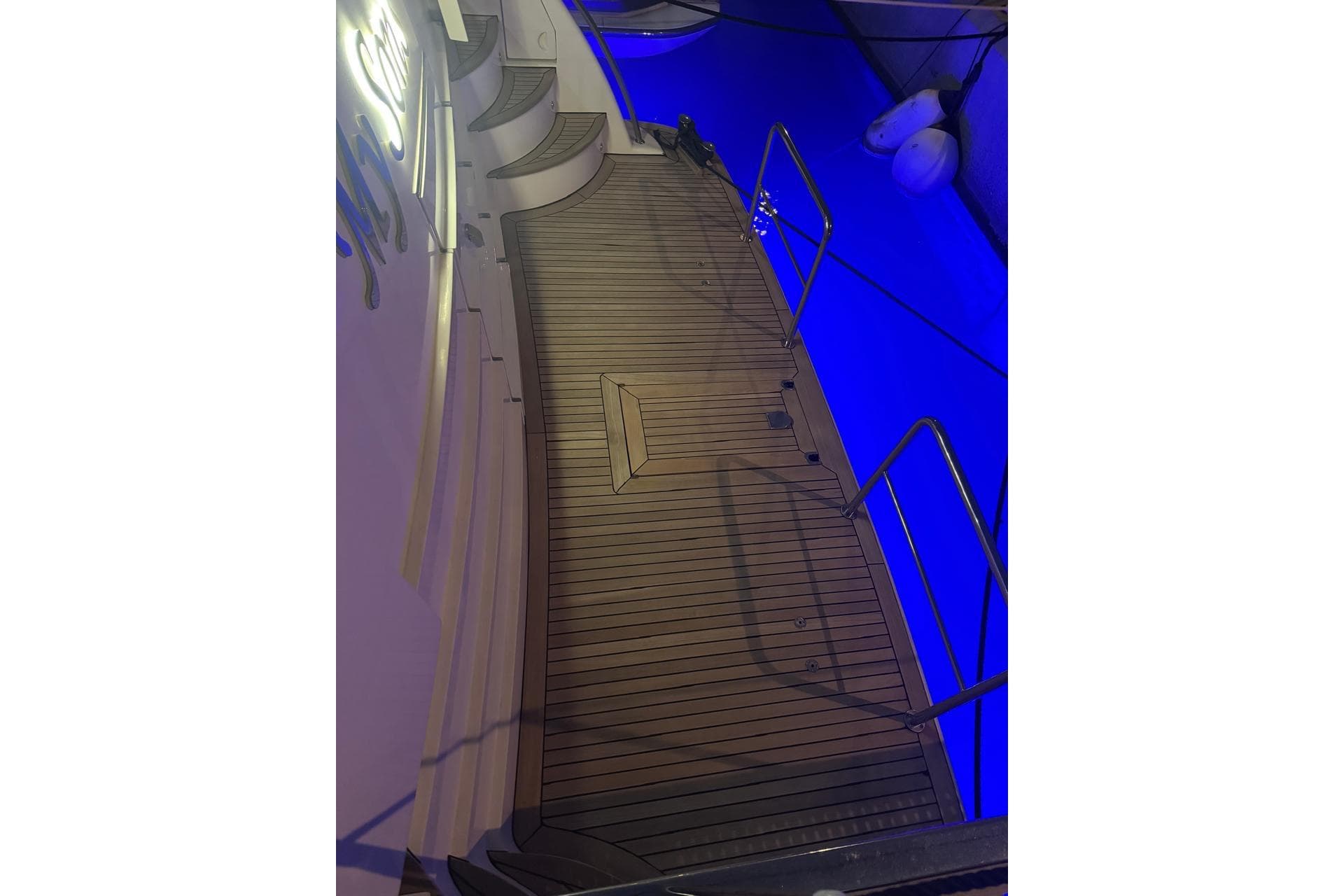 Luxury yacht deck with blue lighting, Falcon 86 model, 2008.