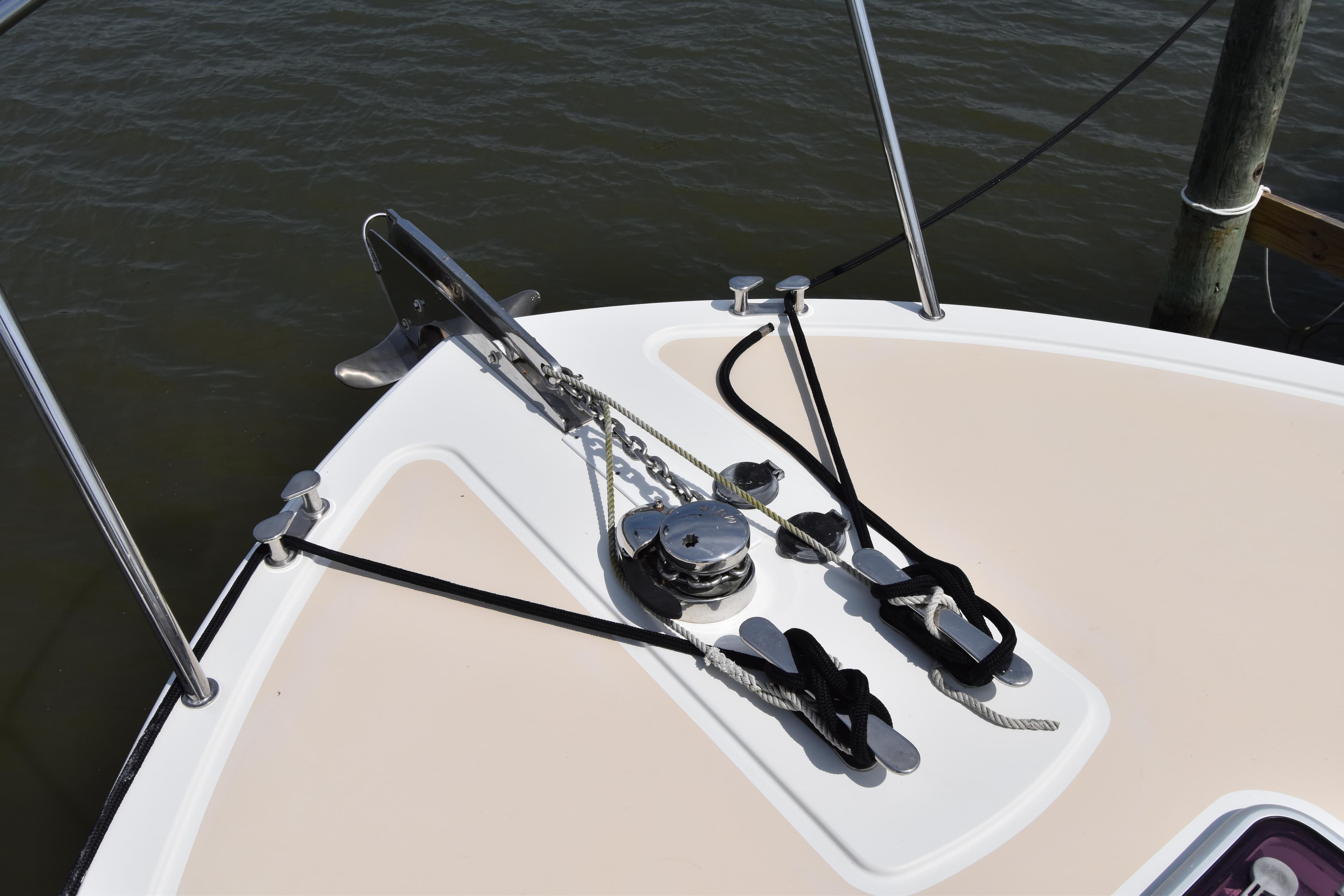 2011 MJM 40z Downeast boat bow with anchor and mooring lines.