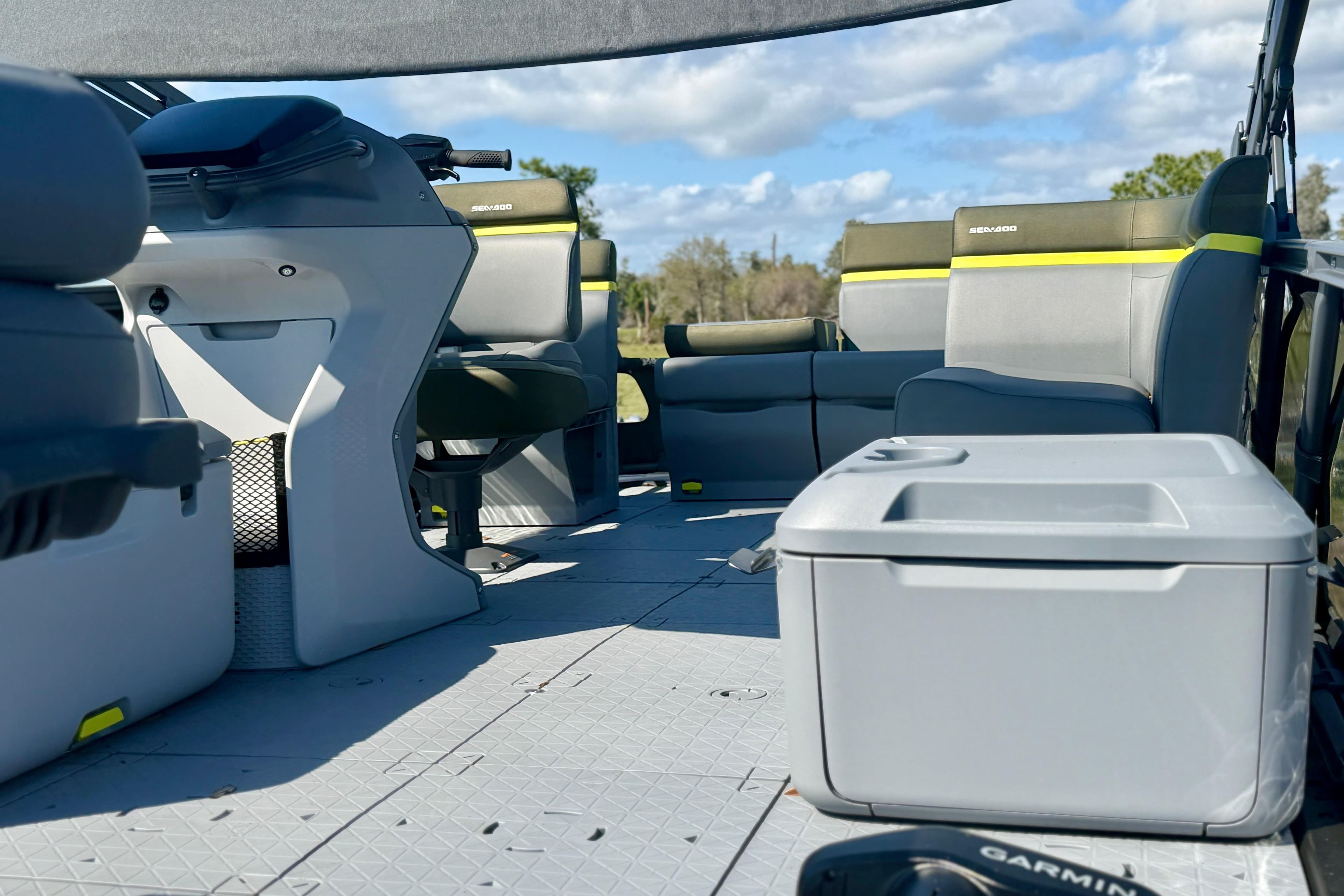 Interior of 2026 Sea-Doo Switch Fish 21 boat with seating and storage.