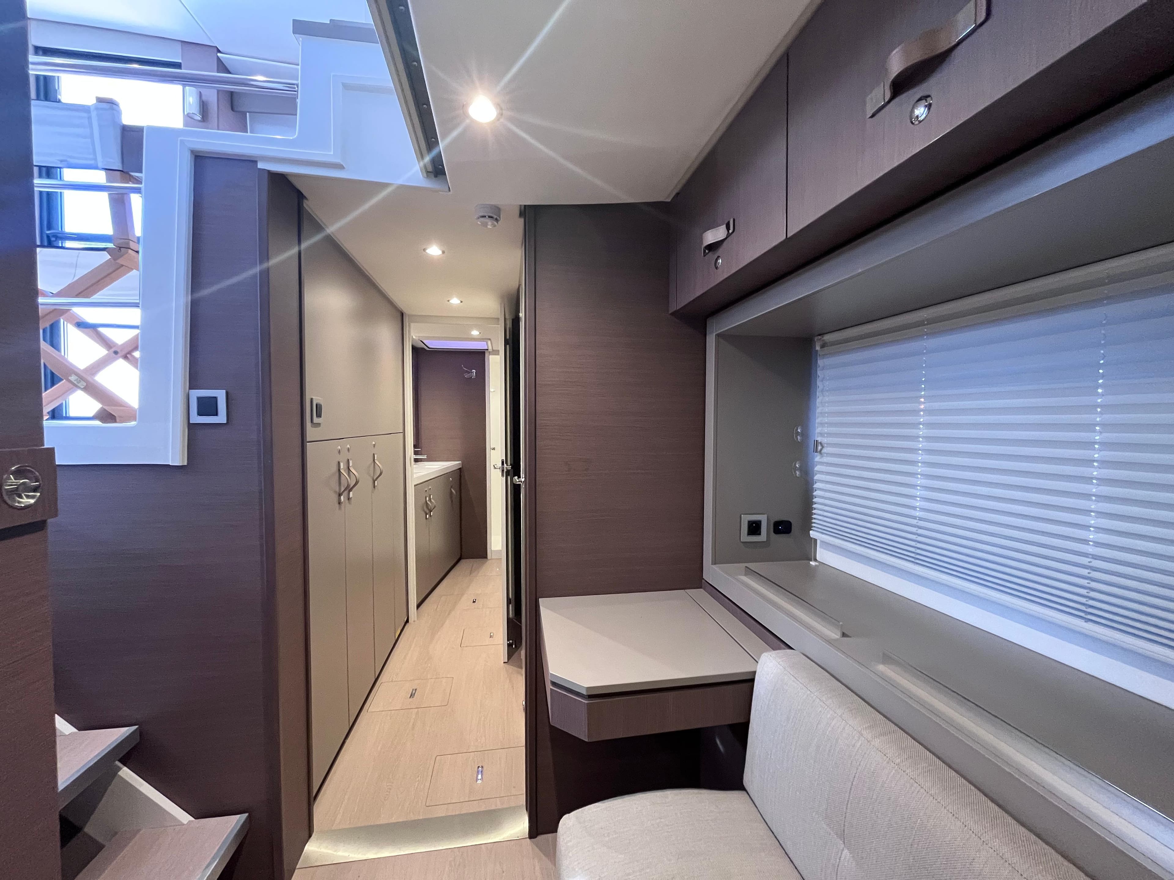 Modern interior of a 2021 Bali 4.6 yacht, featuring sleek design and comfortable seating.