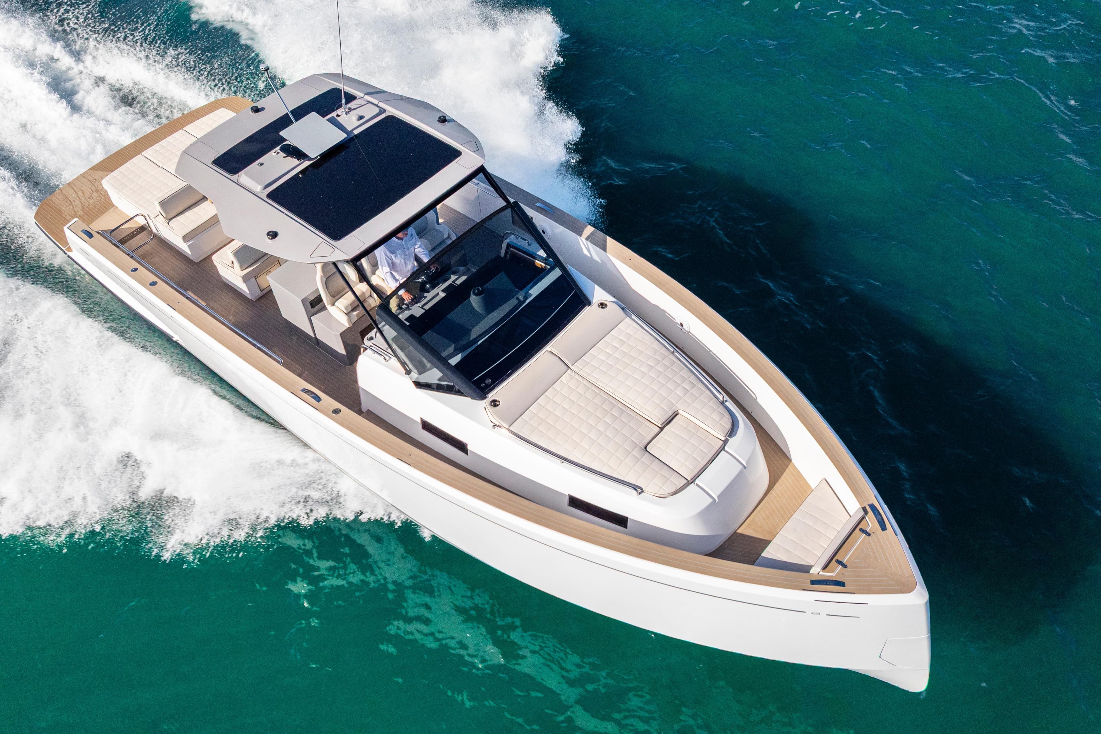 2024 Pardo Yachts P43 cruising on clear blue water, showcasing sleek design and luxury.