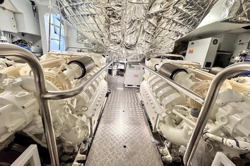 Engine room of 2026 Azimut Grande Magellano 25 Metri yacht, featuring dual engines.