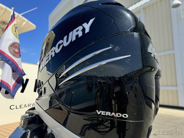 Close-up of a 2022 Scout 330 LXF's Mercury Verado outboard engine.