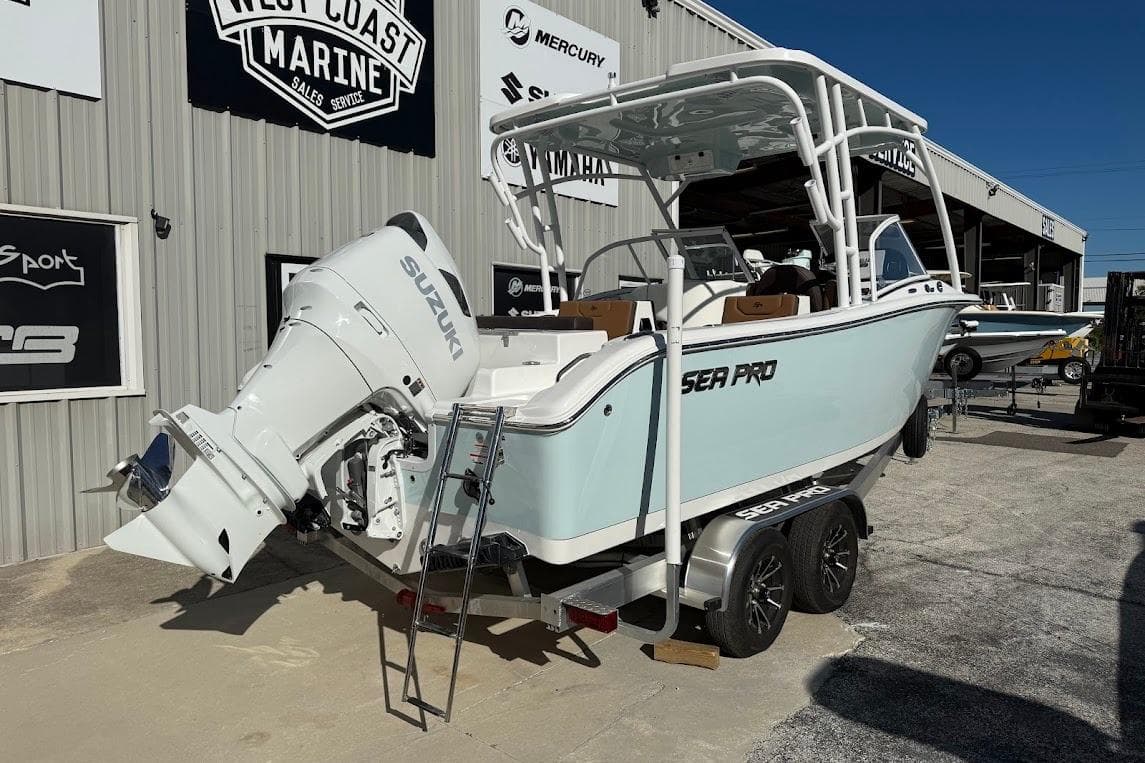 2026 Sea Pro 240 Dual Console boat with Suzuki engine at West Coast Marine.