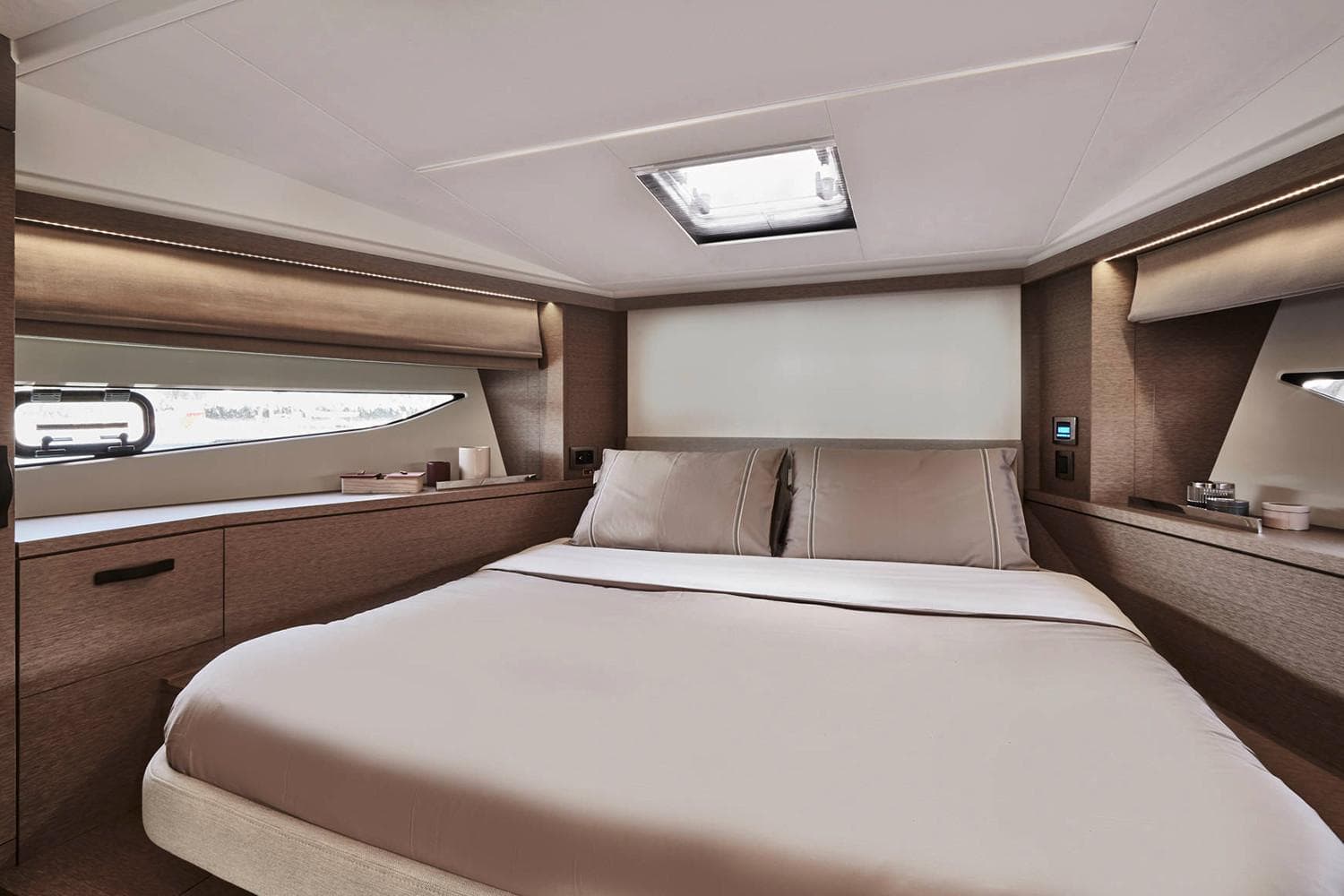 Luxurious cabin of the 2021 Prestige 420 yacht.
