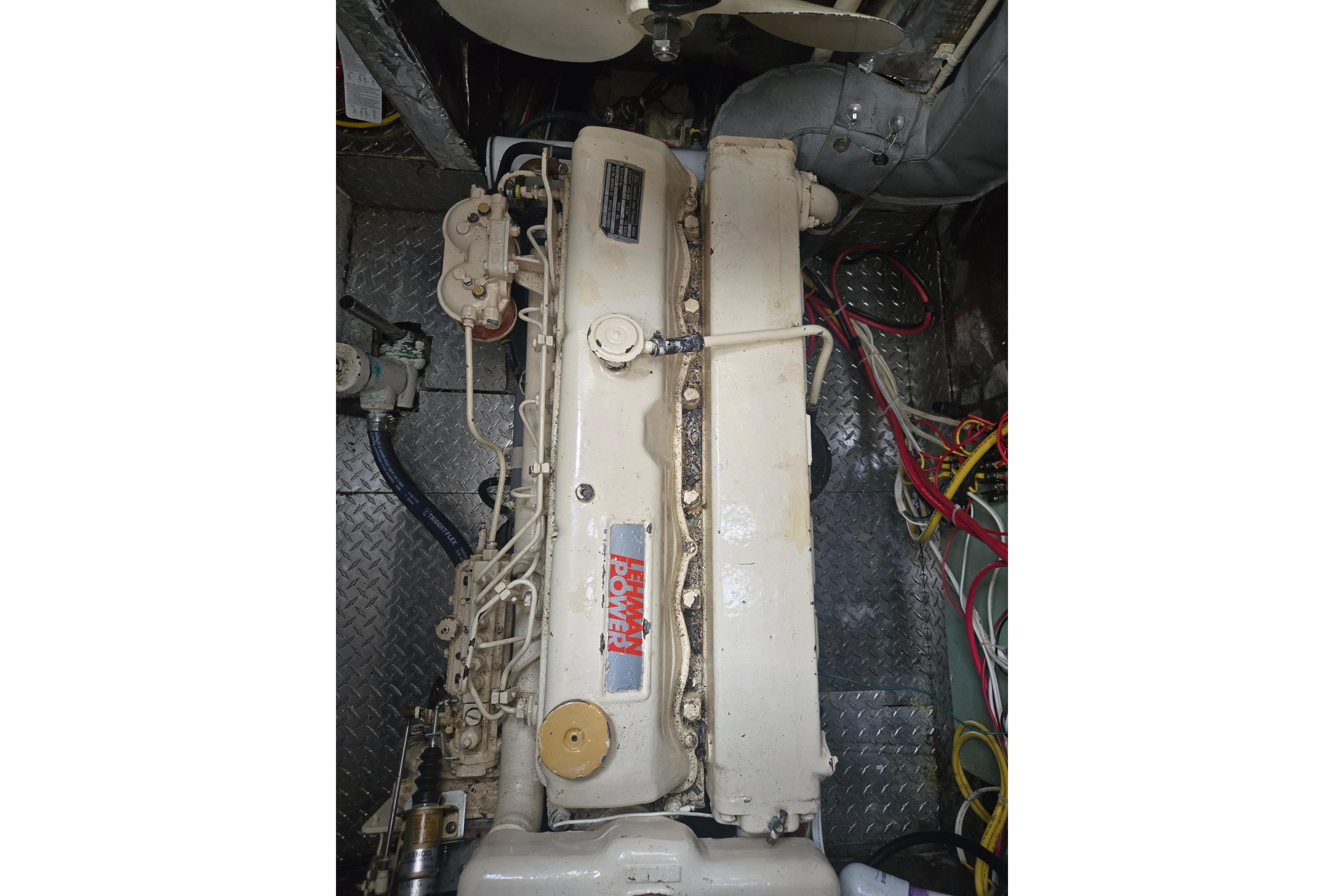 Engine room of 1981 Cheoy Lee 43 Pilot House with Lehman Power engine.