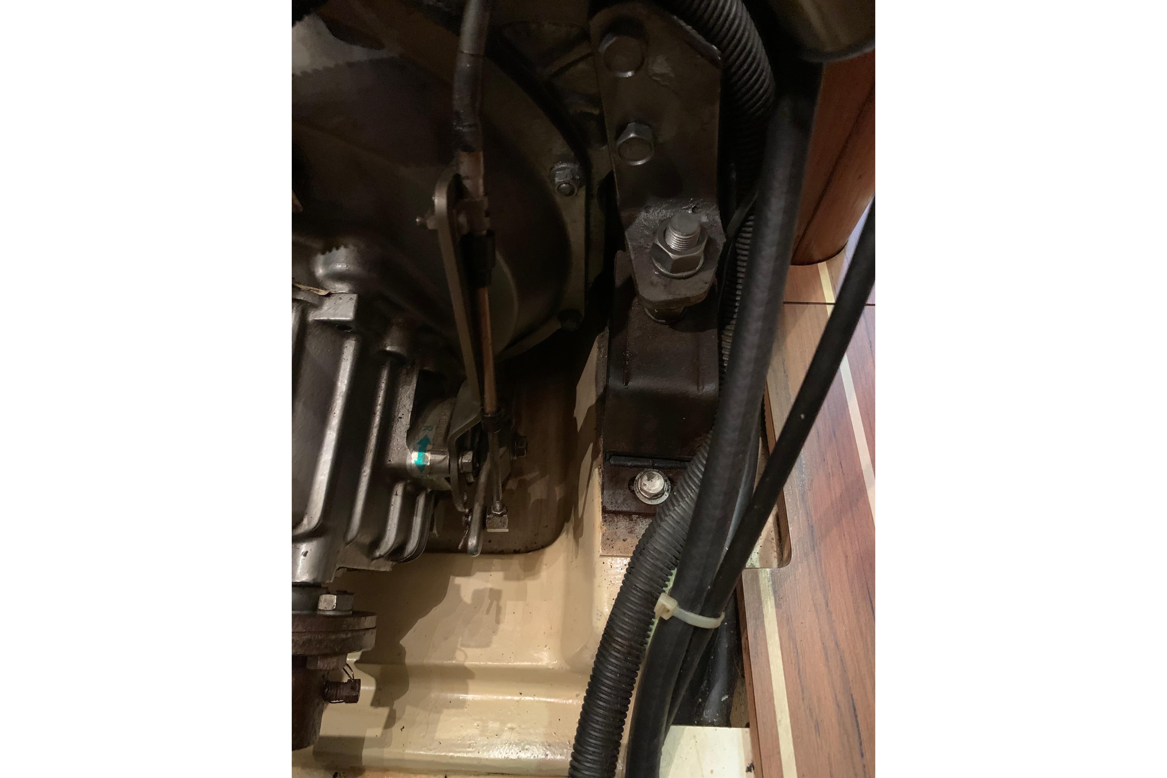 Engine compartment of a 2004 Hunter 41 Aft Cockpit sailboat, showing mechanical components.
