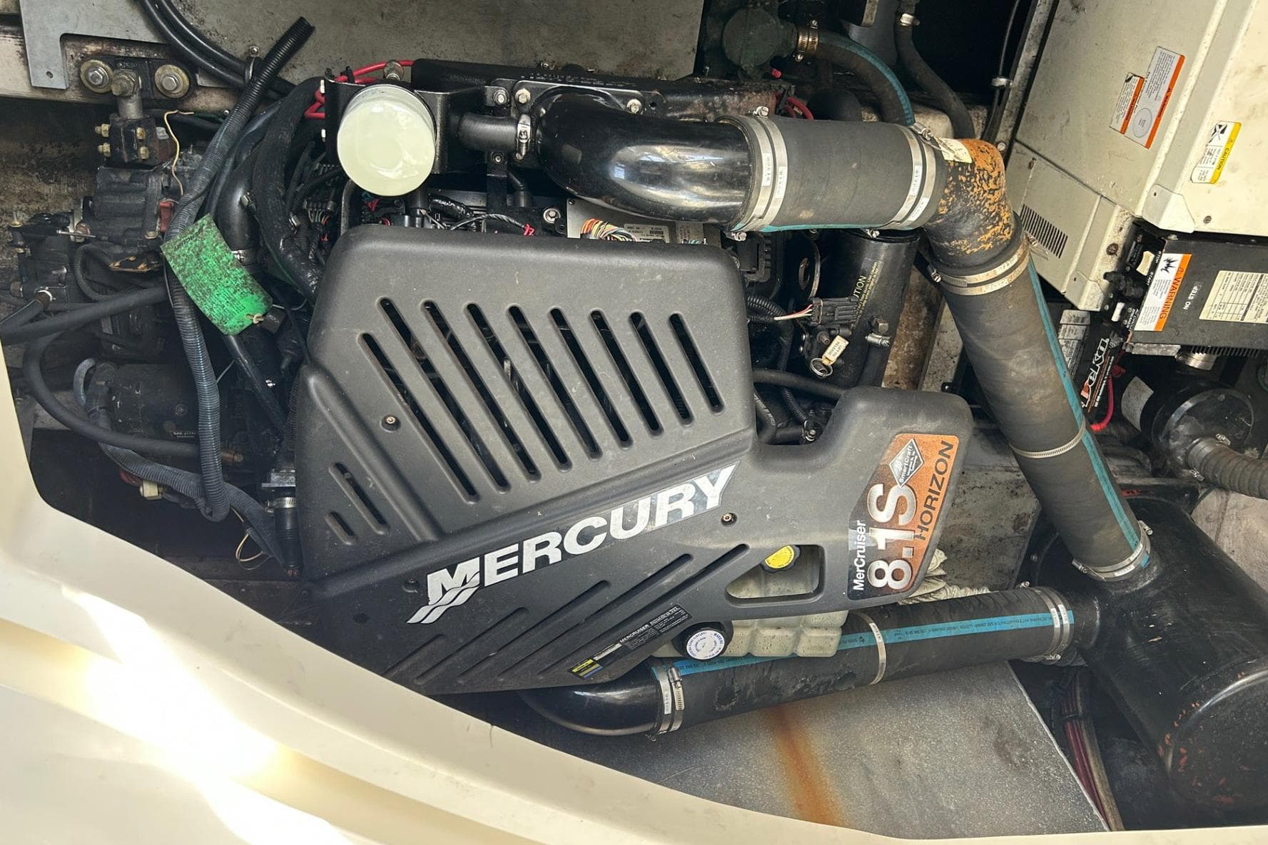 Engine compartment of a 2001 Wellcraft 3700 Martinique with Mercury 8.1S Horizon engine.
