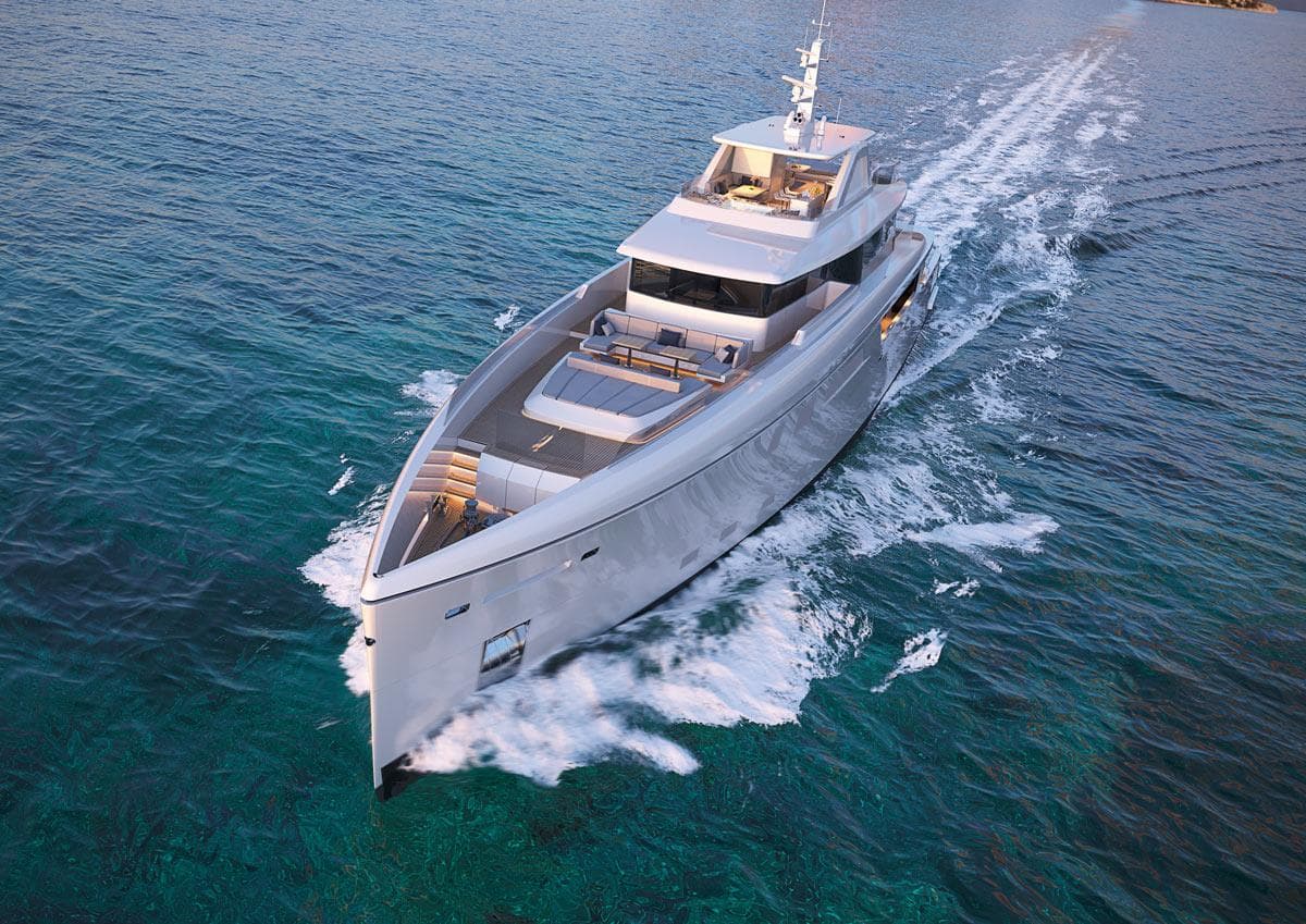 Custom 150 Palm Beach 2025 yacht cruising on clear blue waters.