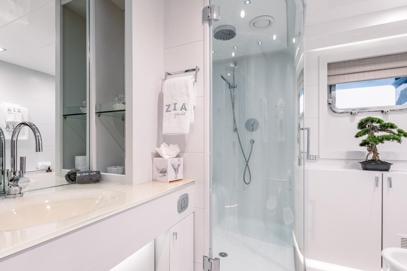 Luxurious yacht bathroom with modern shower, sleek sink, and decorative bonsai plant, Ortona Navi 2008.