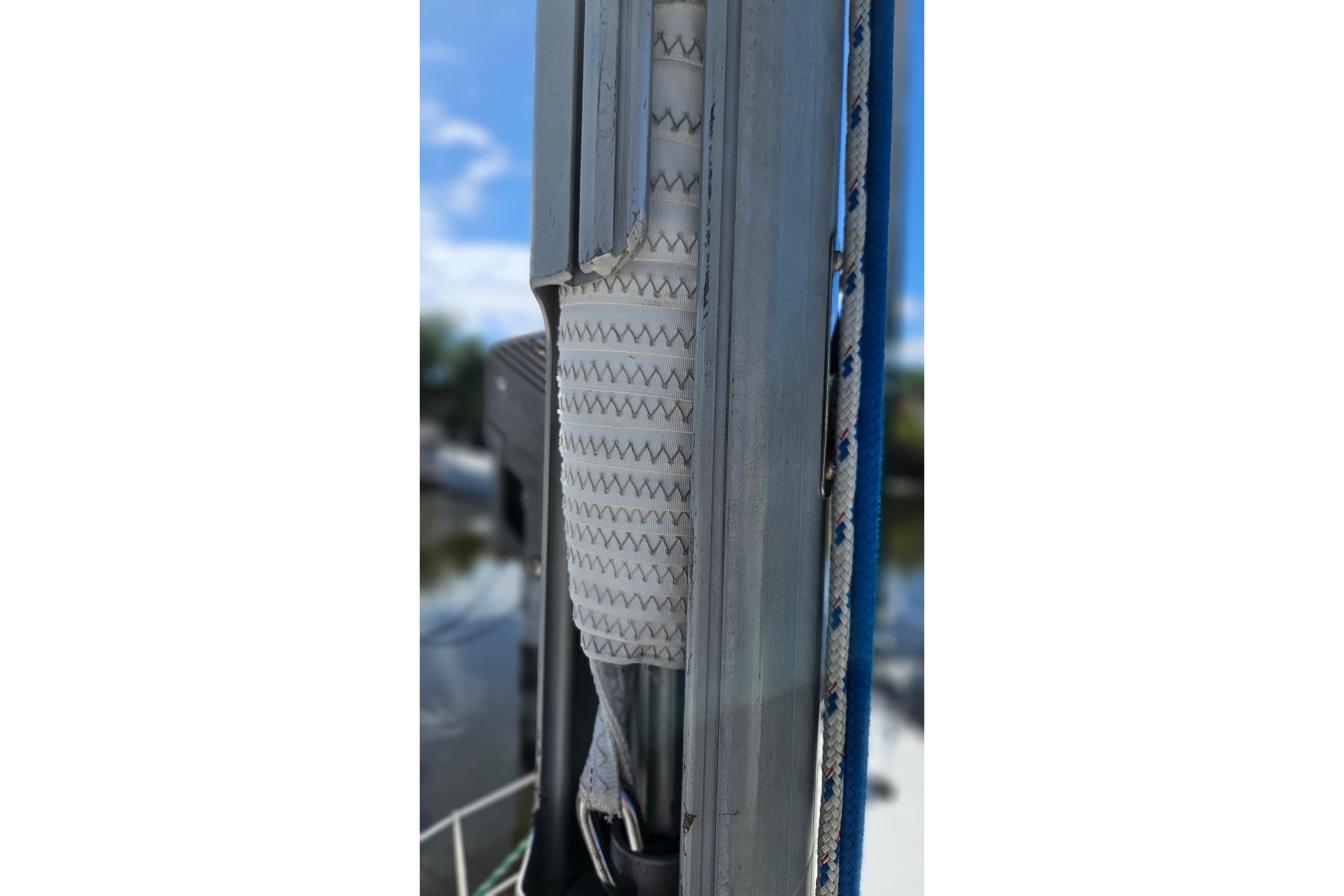 Close-up of sail track on a 2000 Beneteau Oceanis Clipper 361 yacht.