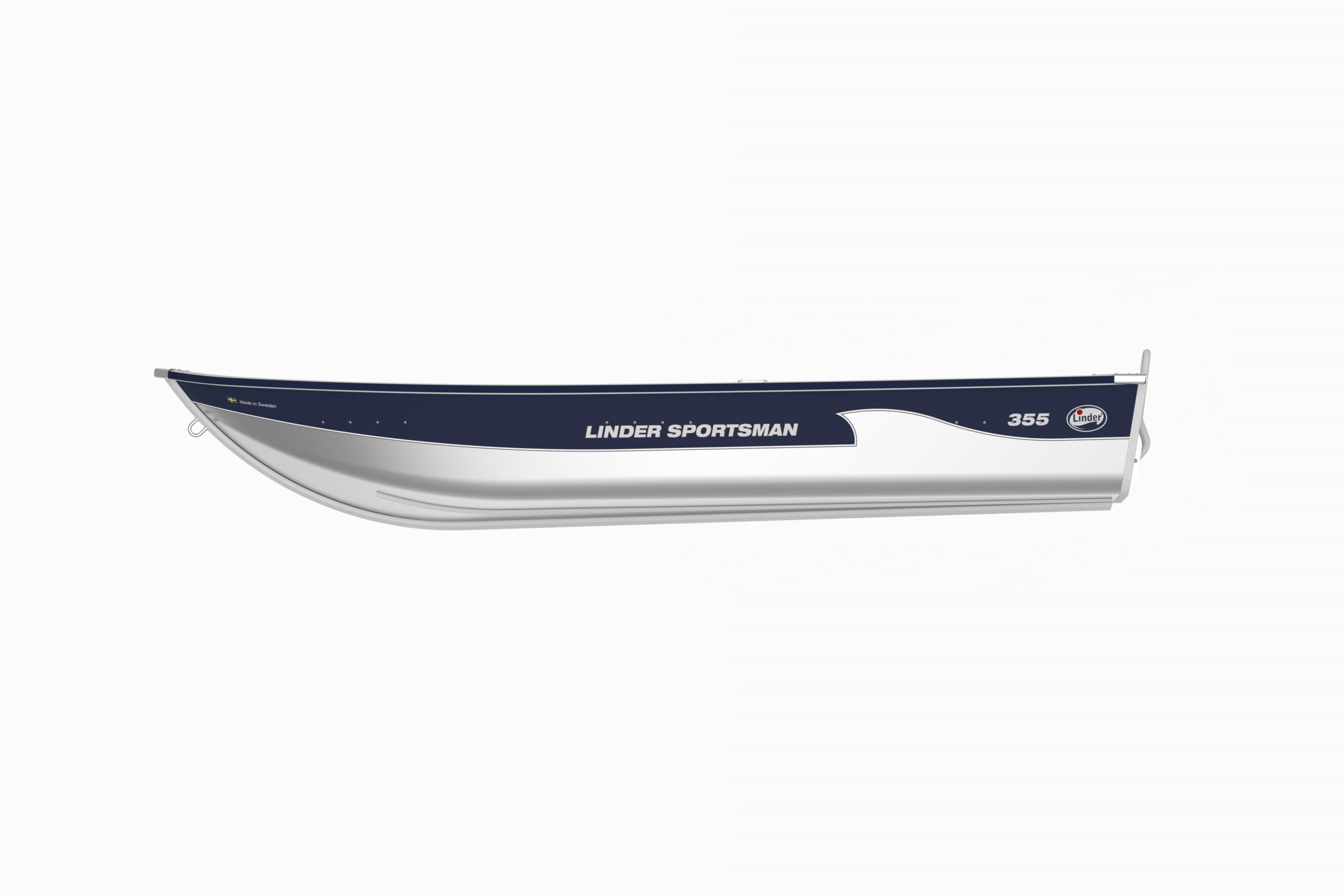 2026 Linder Sportsman 355 boat, side view, sleek design, white and blue color scheme.