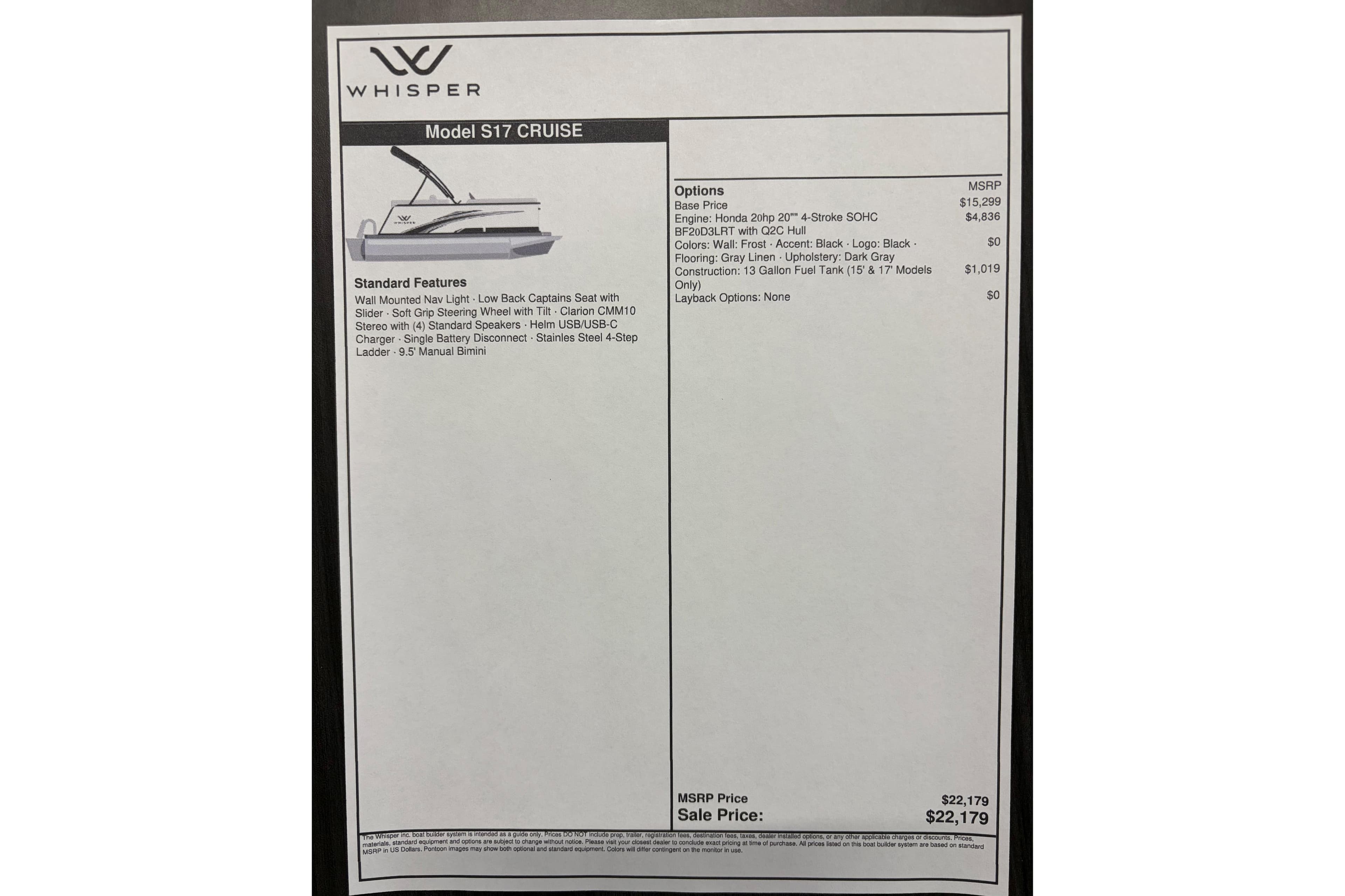 Whisper S17 Cruise 2026 features and pricing details on a specification sheet.