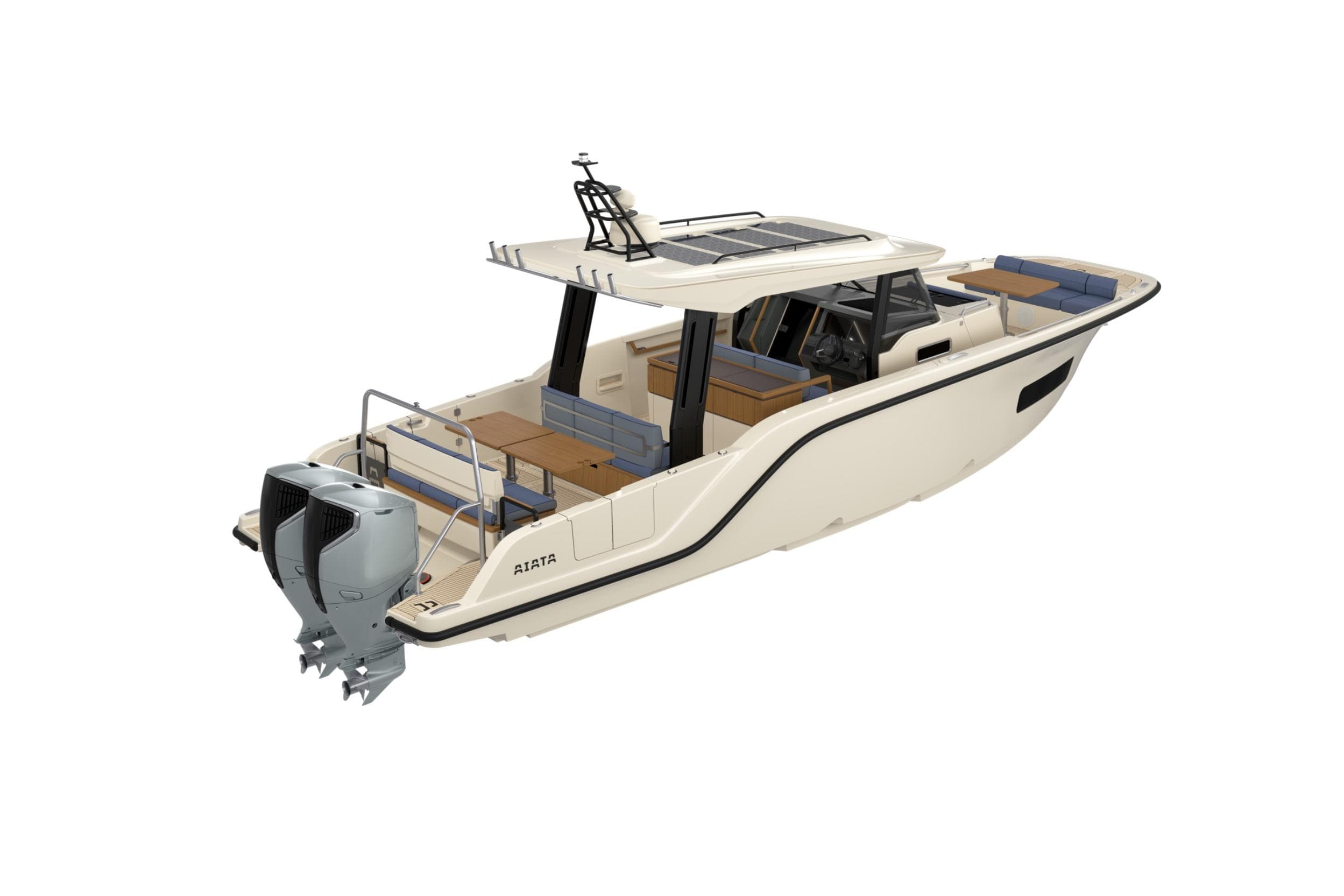 2026 Aiata Sunfinder 38 boat with dual outboard motors, sleek design, and spacious seating.