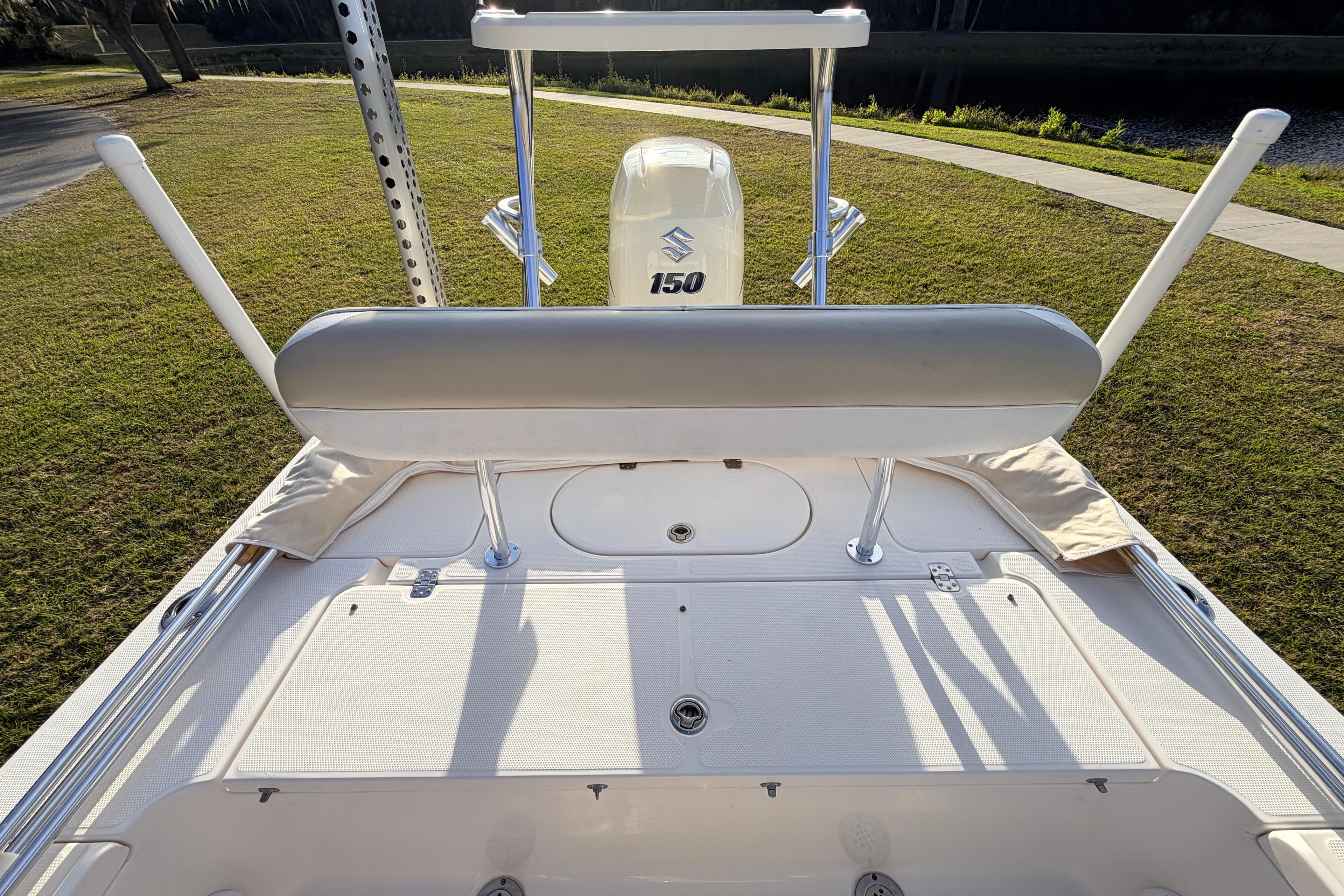 2015 Pioneer 186 Cape Island boat with Suzuki 150 engine, rear deck view.
