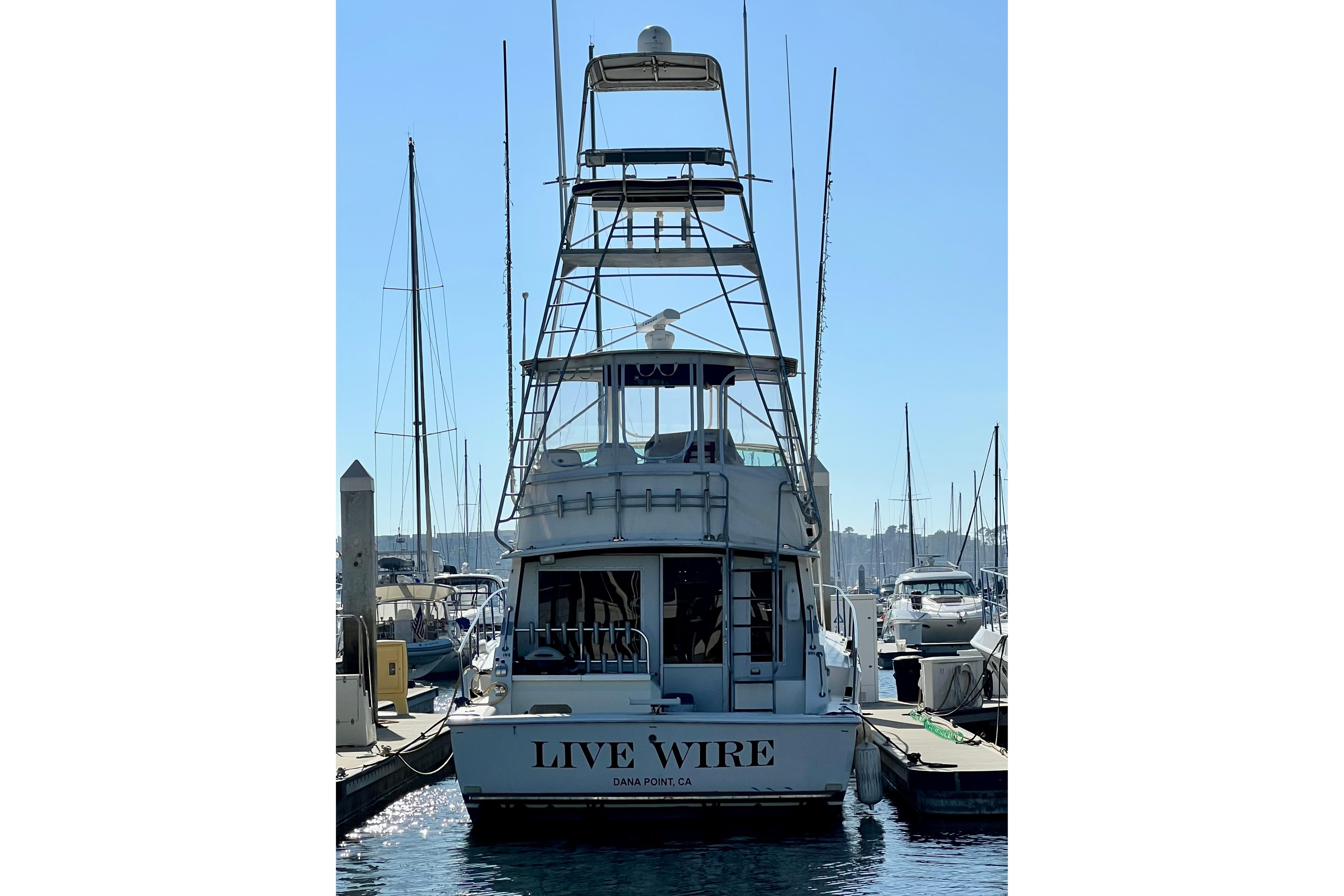 1982 Bertram 46 Convertible yacht "Live Wire" docked at marina, Dana Point, CA.