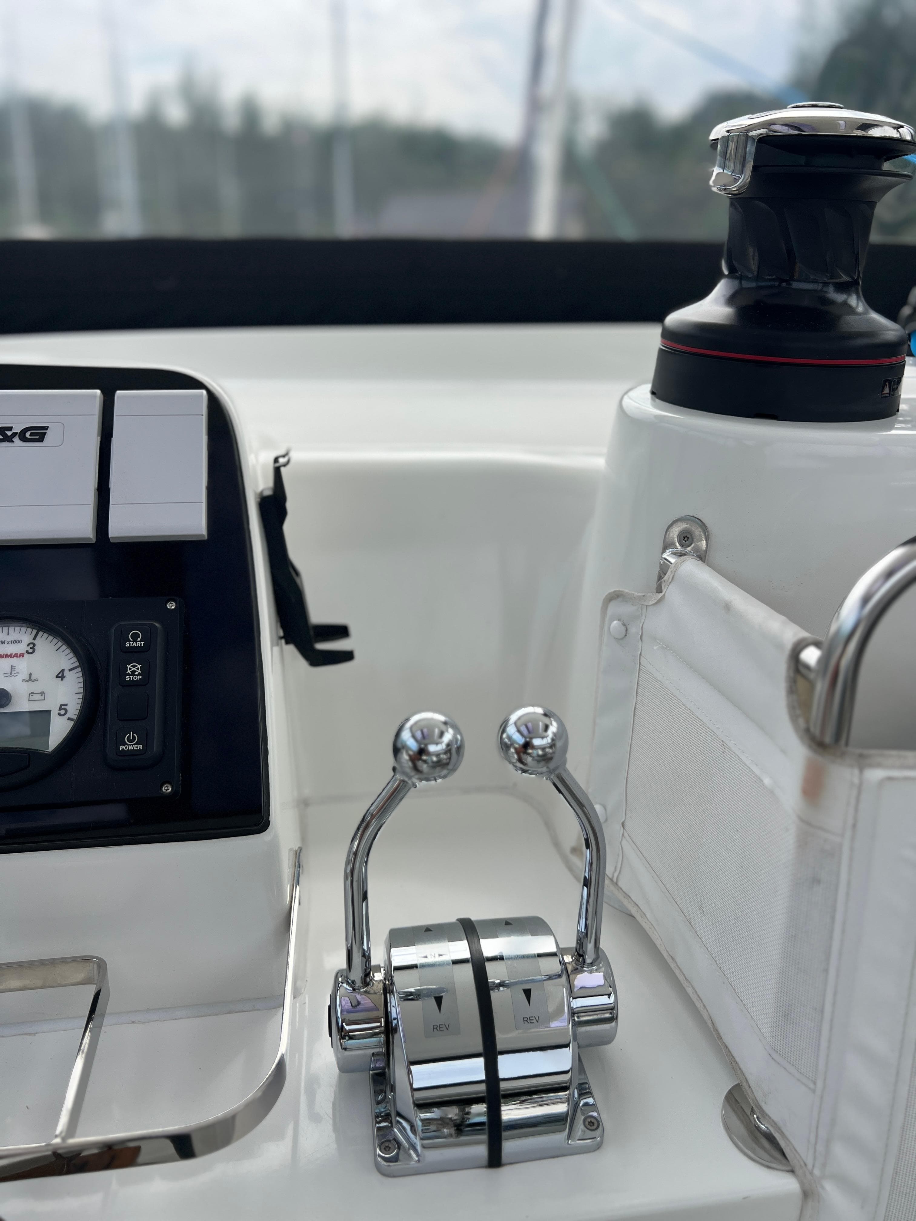 Close-up of 2020 Lagoon 42 yacht controls and instrumentation panel.