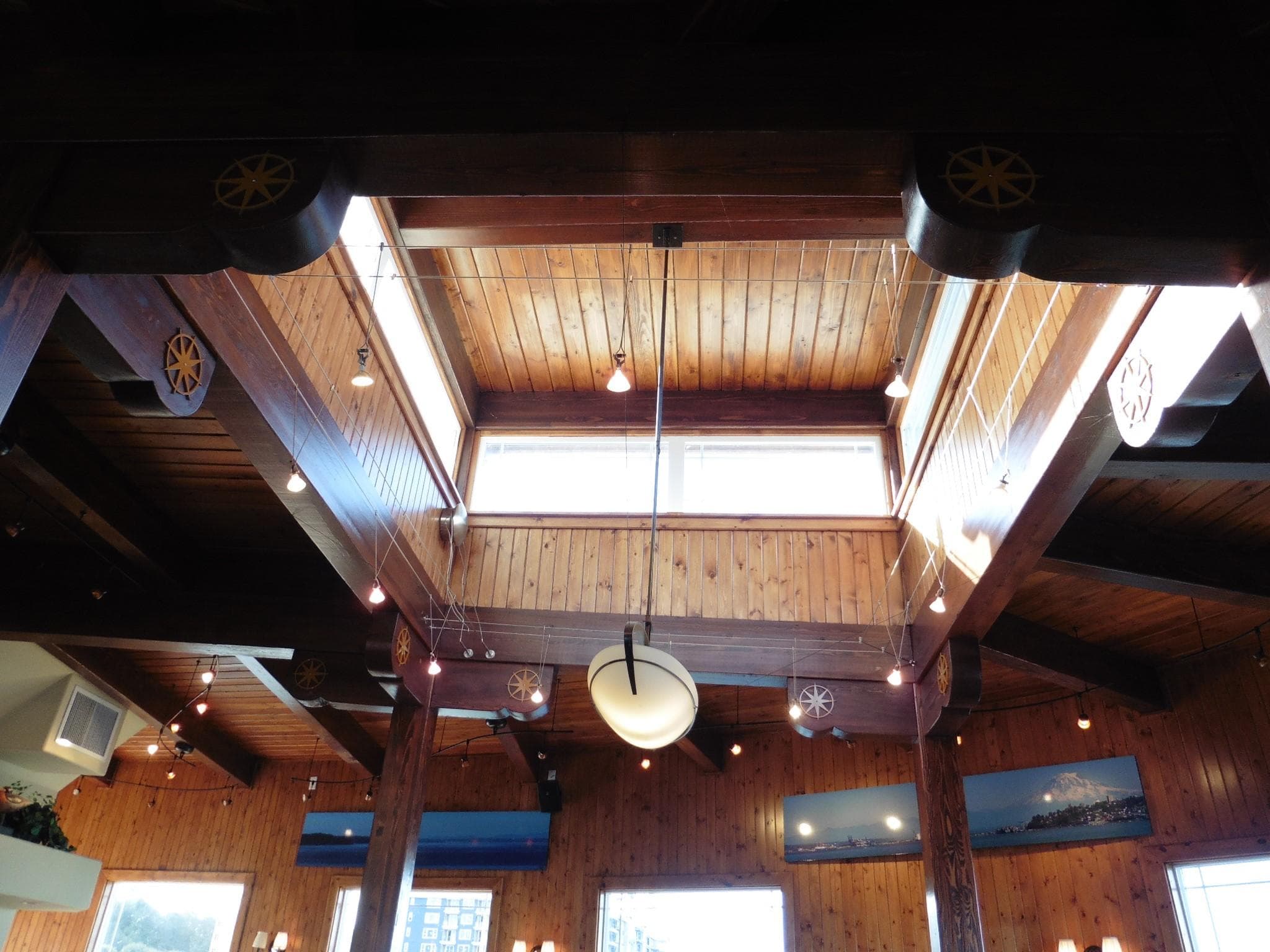 Wooden ferry interior ceiling with skylight, Custom model, 1936, nautical decor, exposed beams, hanging lights.