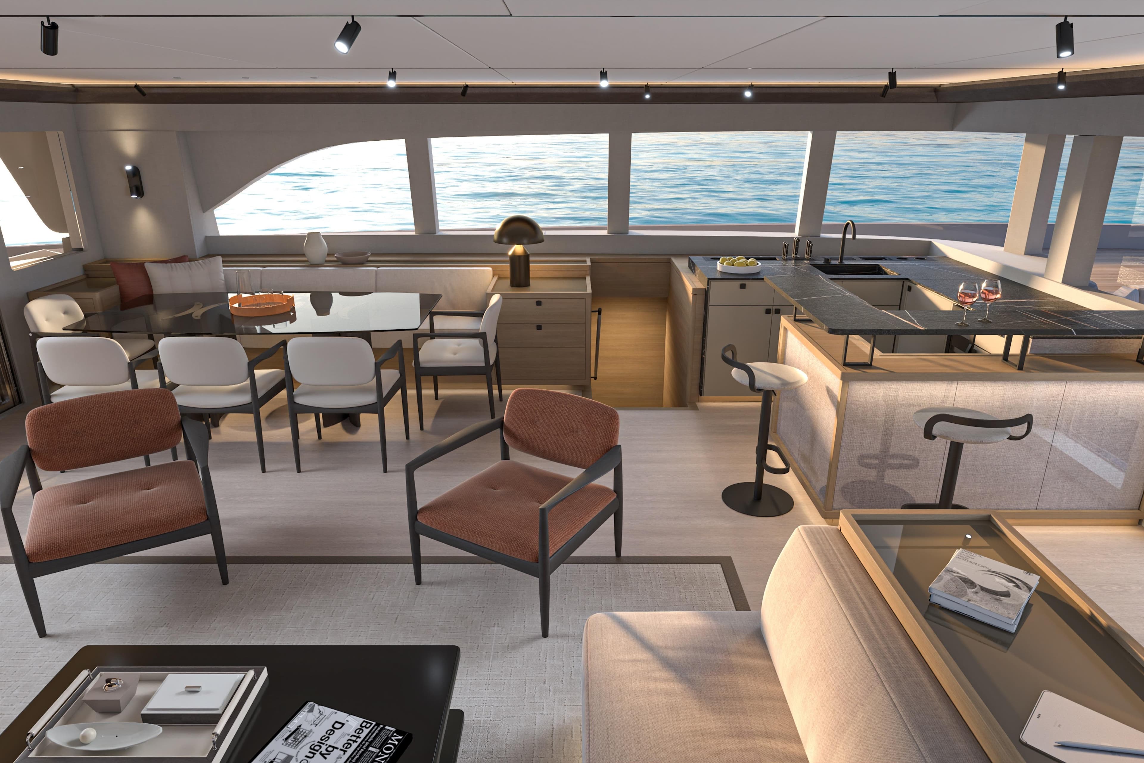 Luxurious interior of 2027 Lagoon EIGHTY 3 yacht with modern furnishings and ocean view.