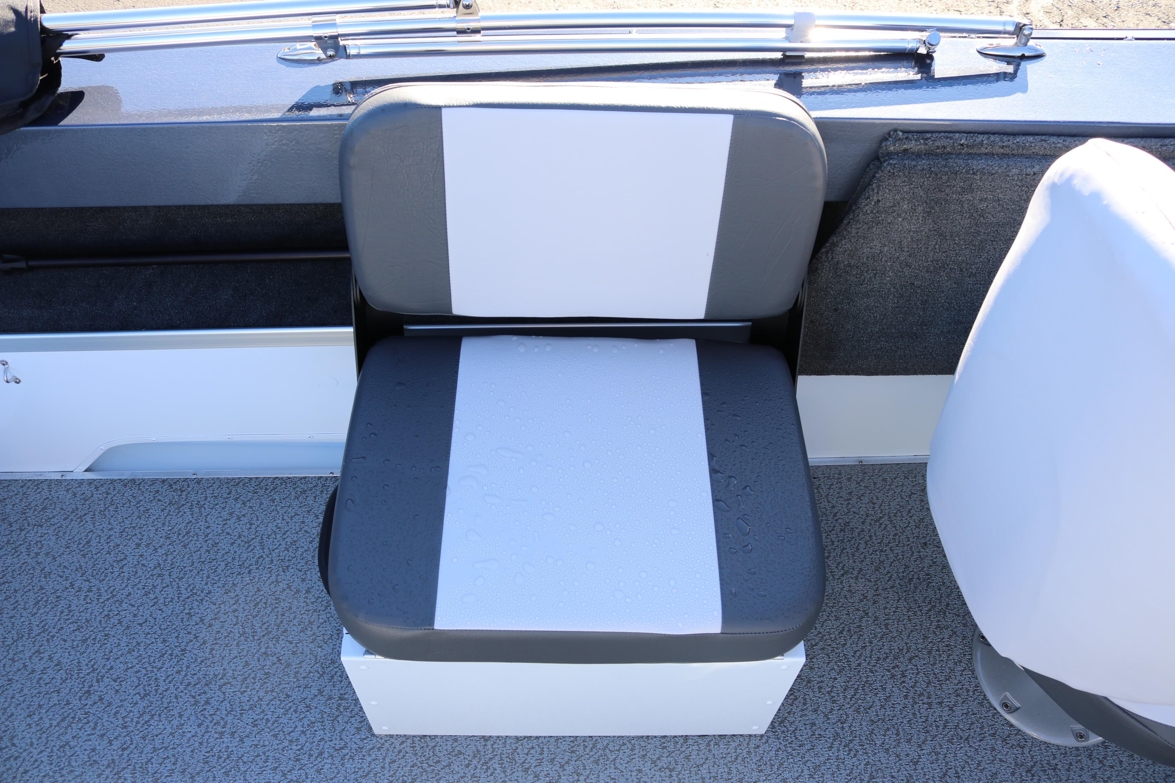 2026 Smoker Craft Osprey 162 boat seat, gray and white design, close-up view.