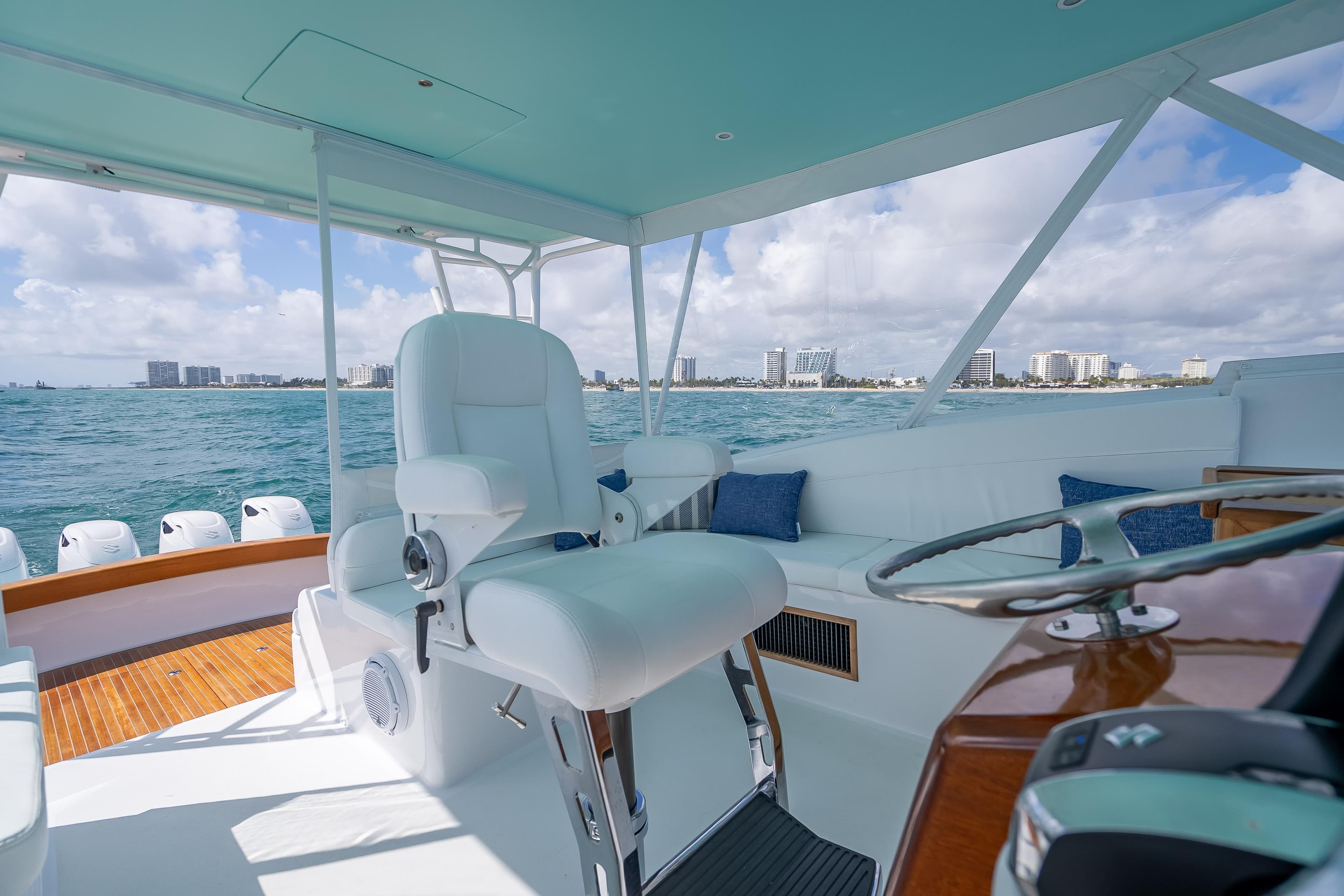 Luxurious 2025 Custom Margaritavich yacht interior with ocean view and modern seating.