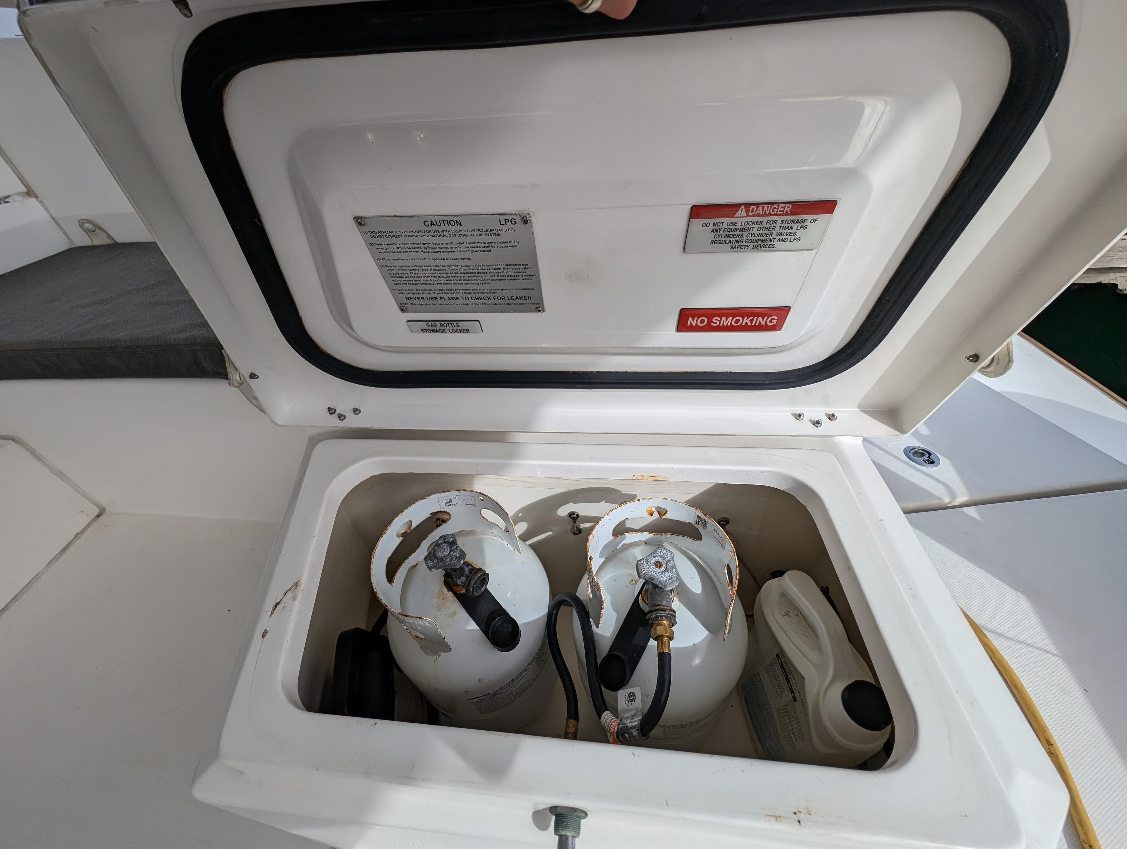 Storage compartment with propane tanks on a 2020 Leopard 45 catamaran.