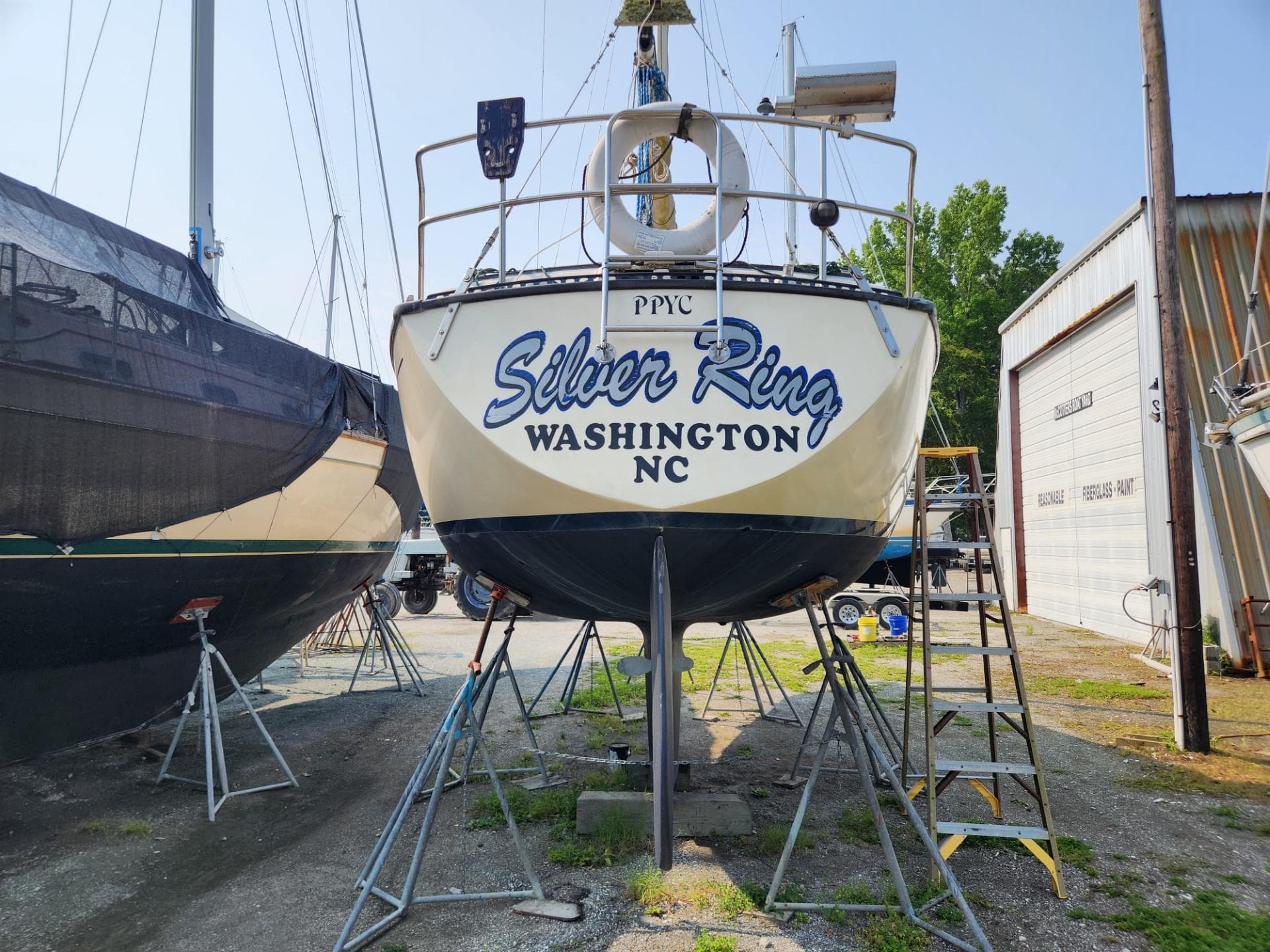 S2 9.2 sailboat Silver Ring in dry dock, Washington, NC, 1984 model.