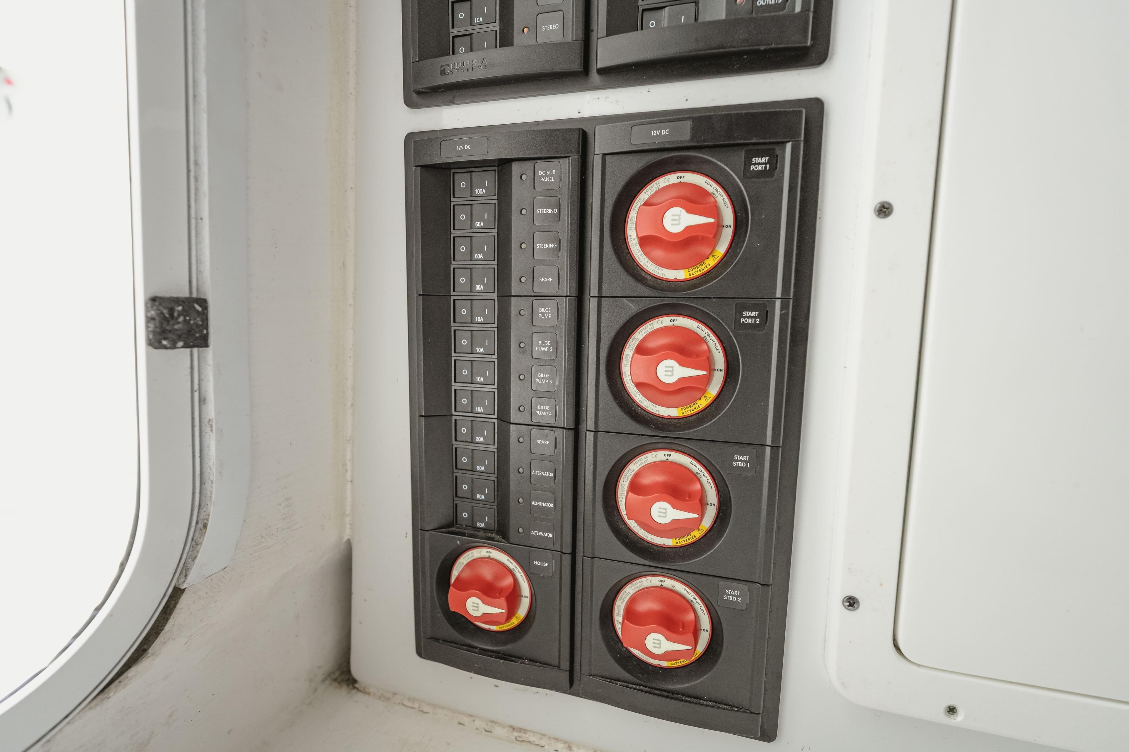 Control panel with switches and dials on a 2018 Freeman 37 VH boat.