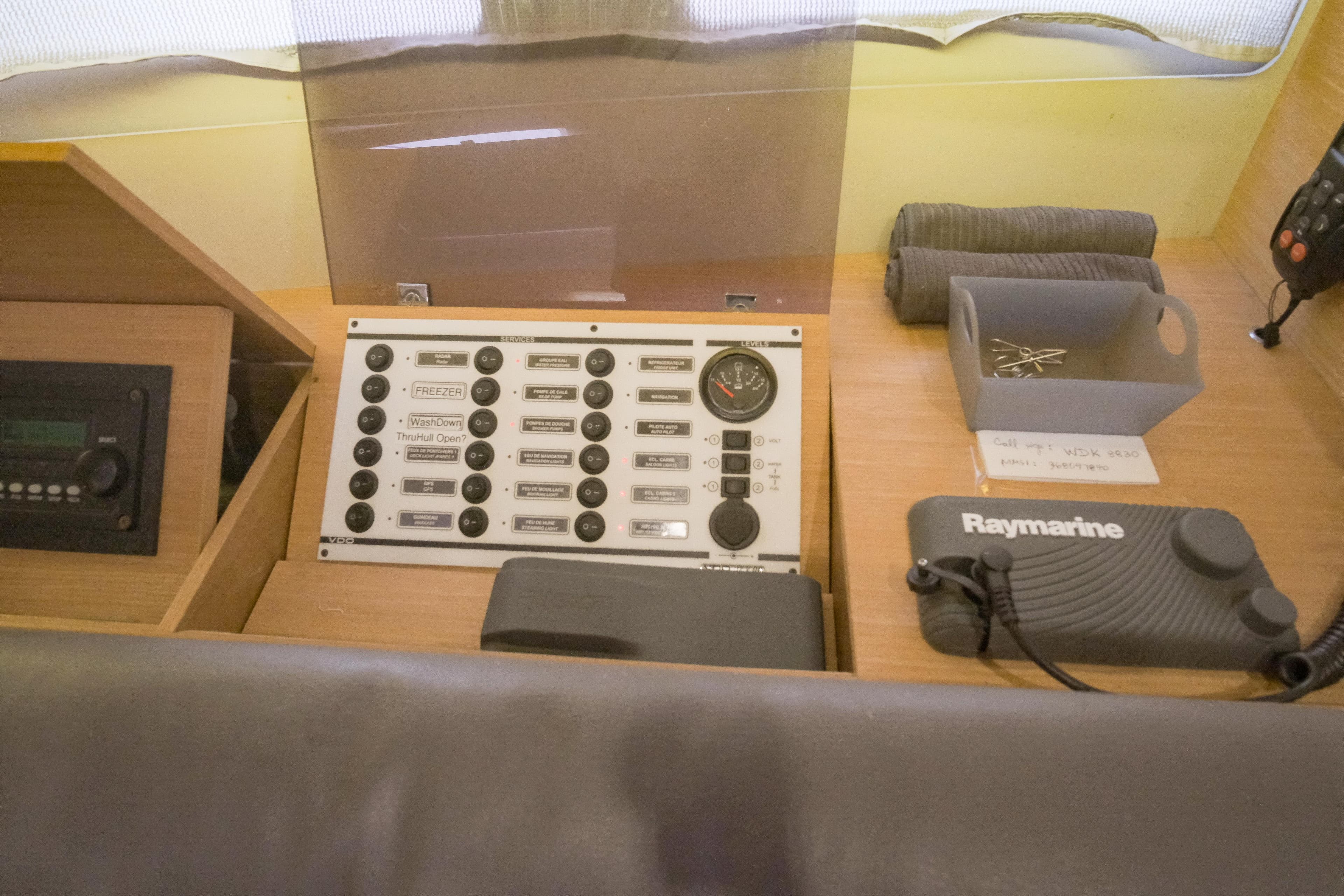 Control panel of 2018 Dufour 412 Grand Large yacht with Raymarine equipment.