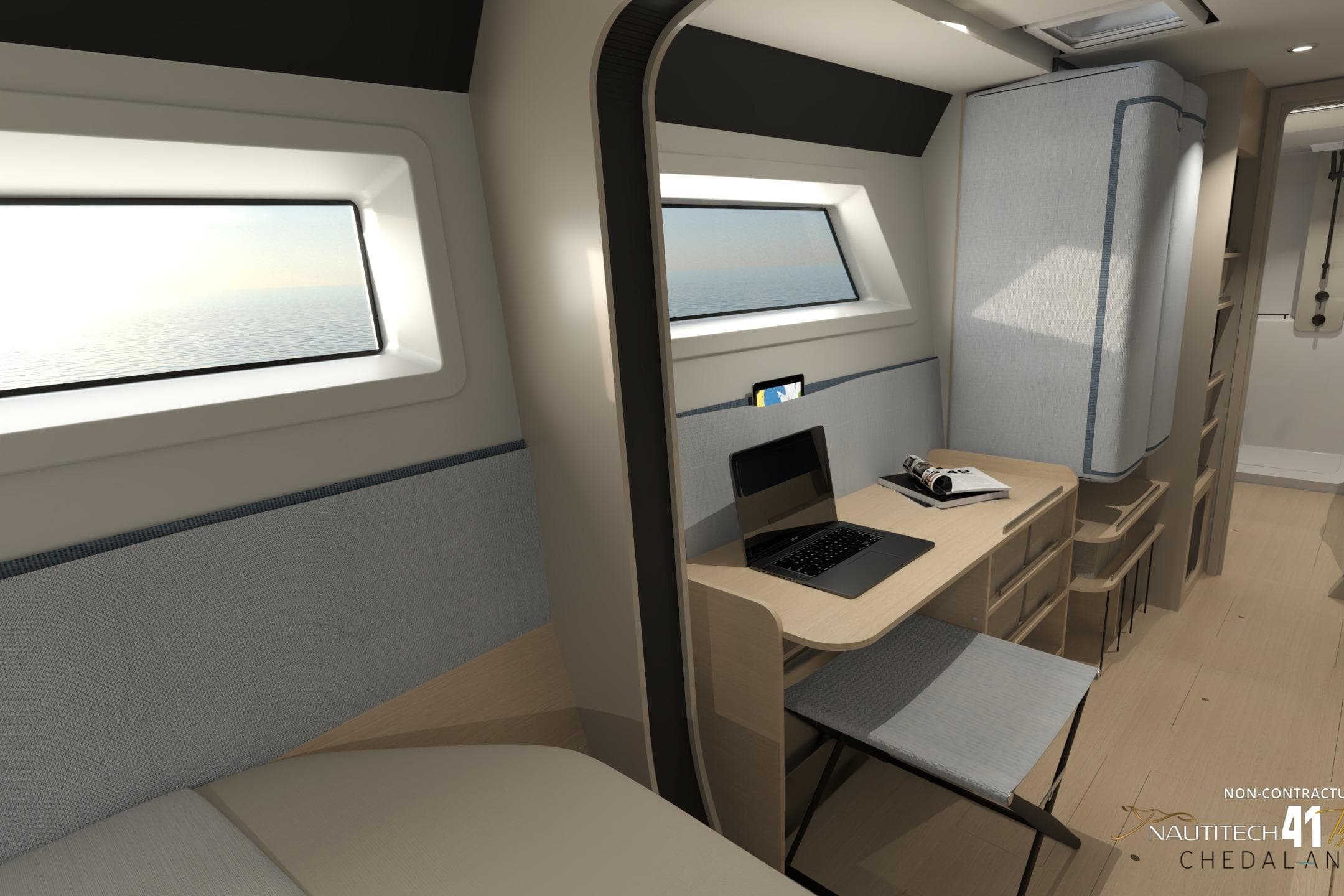 Modern interior of 2026 Nautitech 41 Type S yacht with desk and ocean view.