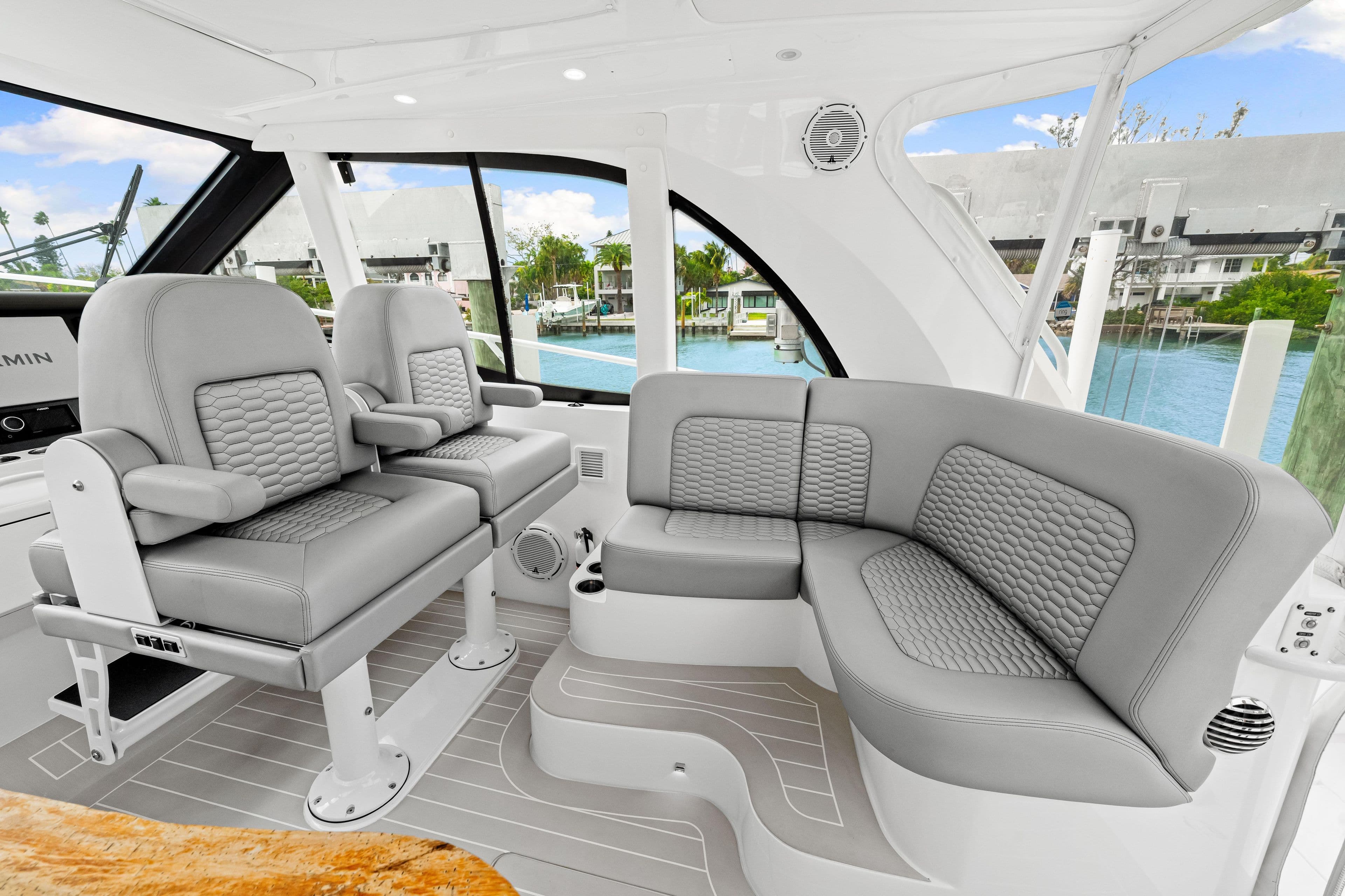 Interior of 2019 Intrepid 410 Evolution with gray leather seating.