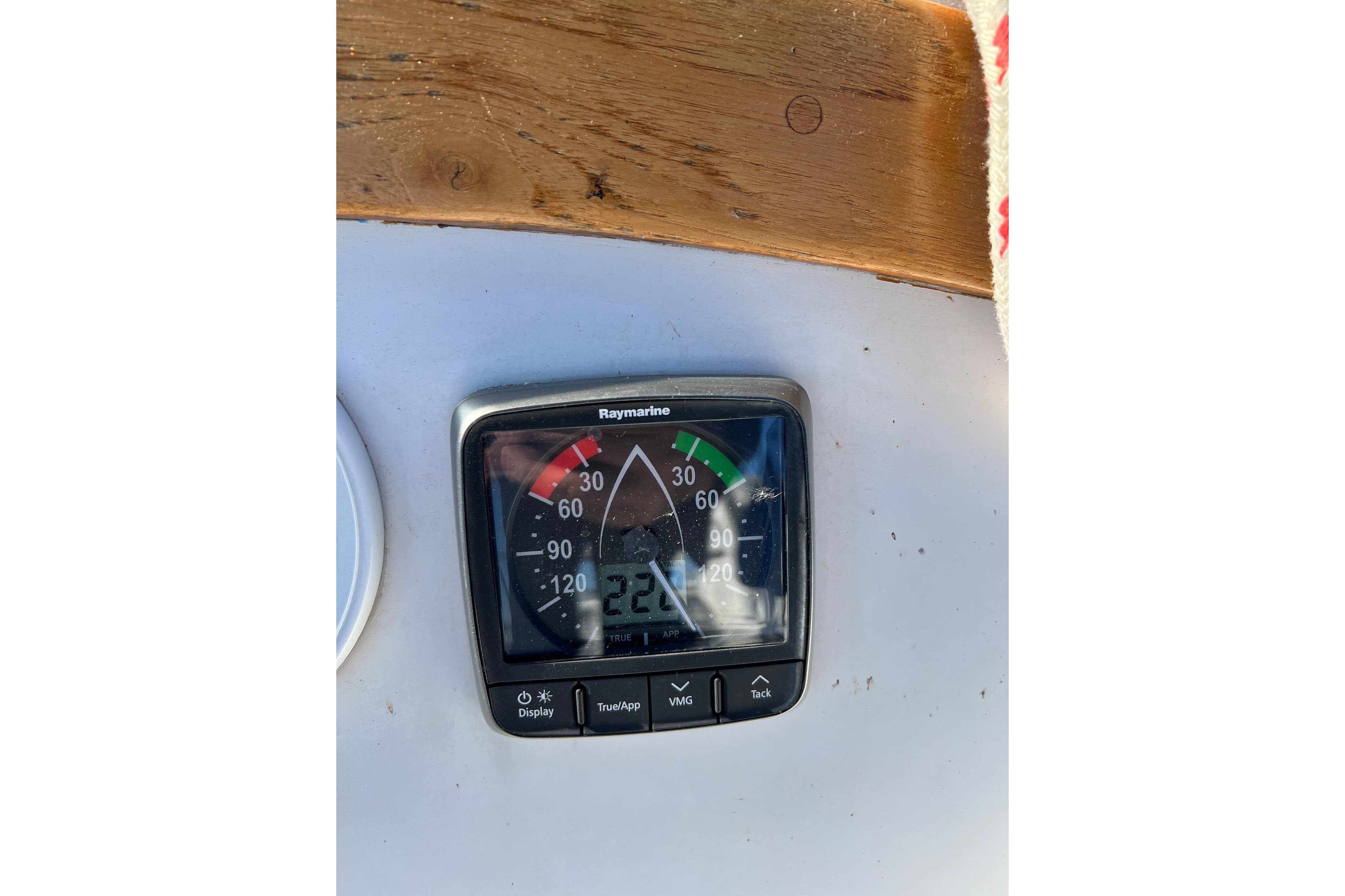 Raymarine display on 1986 Catalina 30 MkII sailboat, showing wind angle and speed.