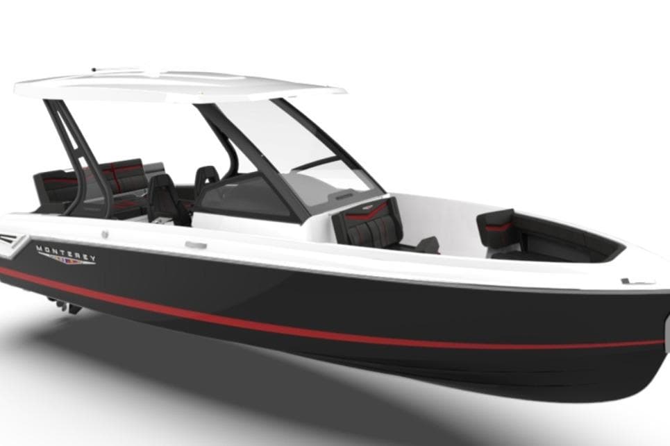 2026 Monterey Elite 27 SD boat, sleek black design with red accents and modern seating.