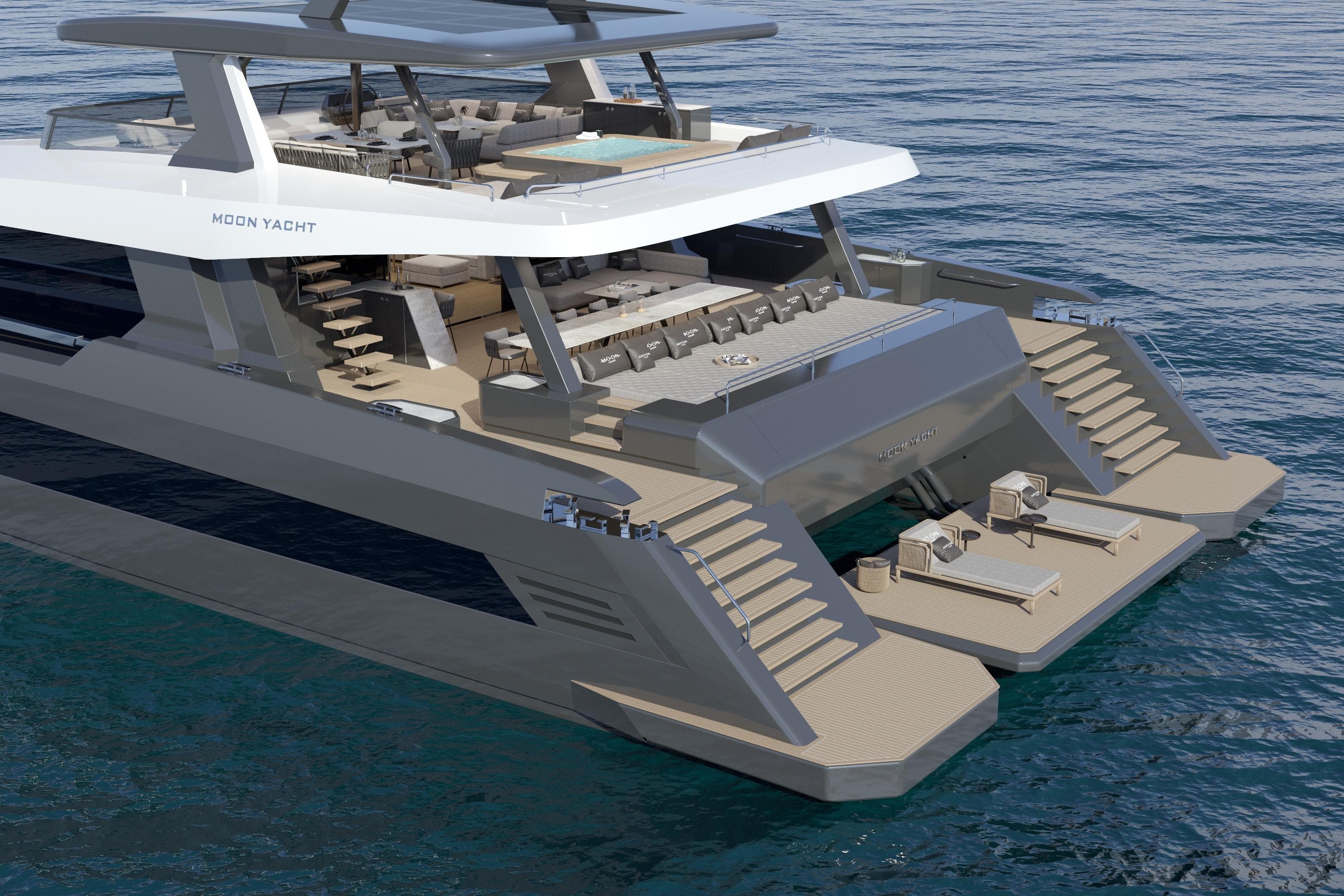 Luxurious 2027 Moon 9ty yacht with spacious decks and modern design on the water.
