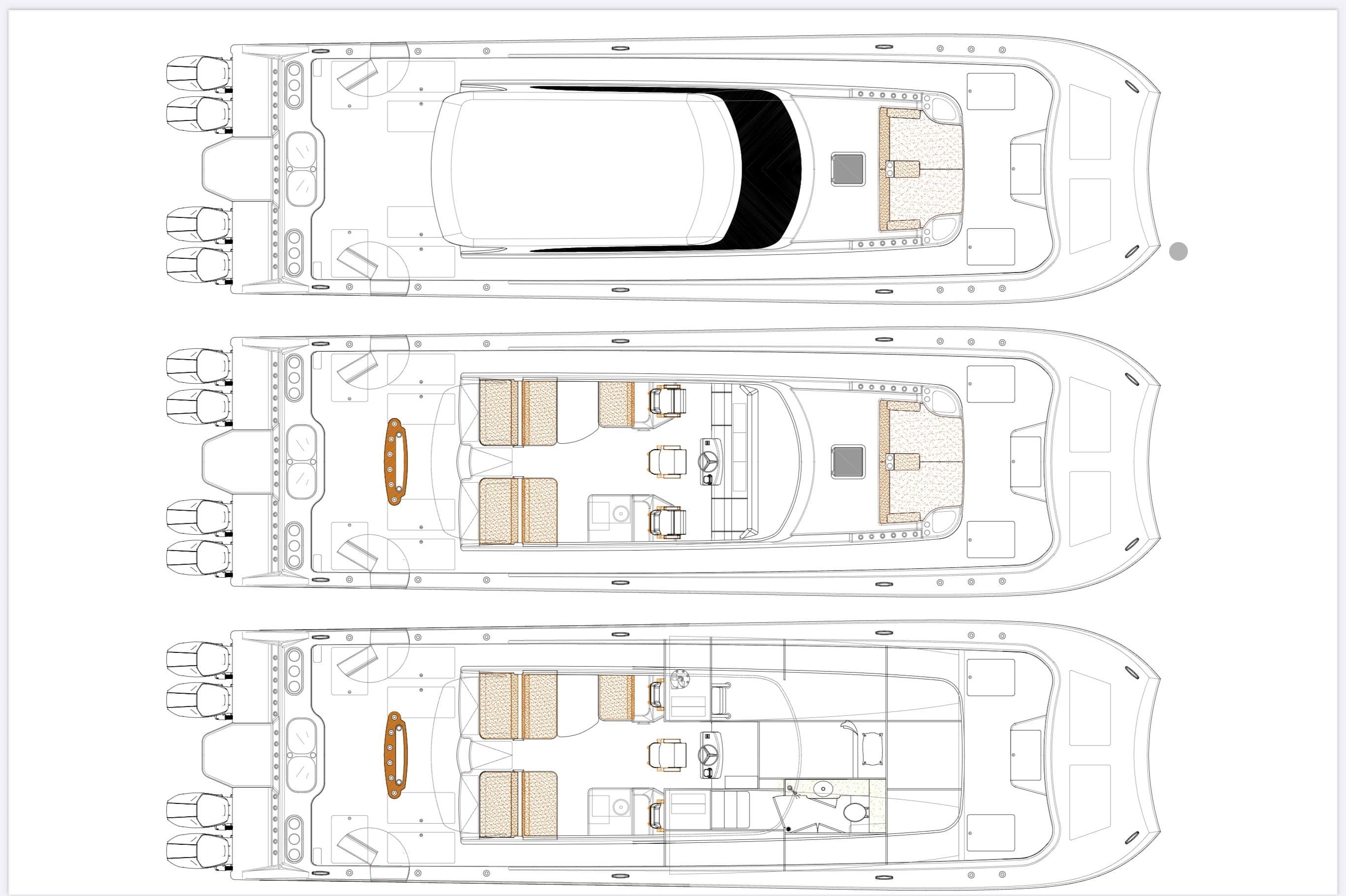 Floor plan of 2026 Front Runner 55 Catamaran, showcasing three deck layouts.