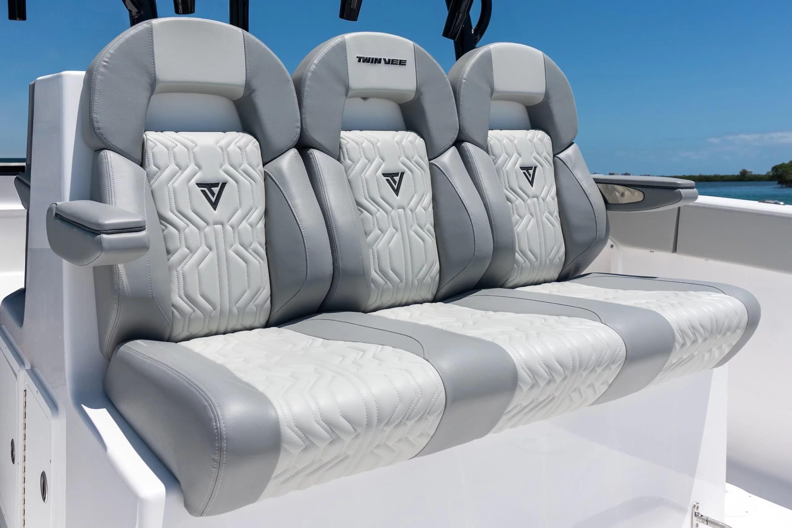 Luxury seating on 2026 Twin Vee 340 GFX CC boat, featuring modern design and comfort.