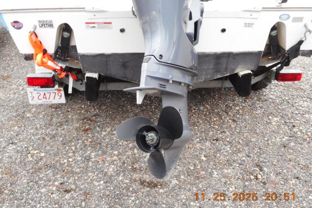 Rear view of a 2021 Sea Fox 228 Commander boat with Massachusetts trailer plate.