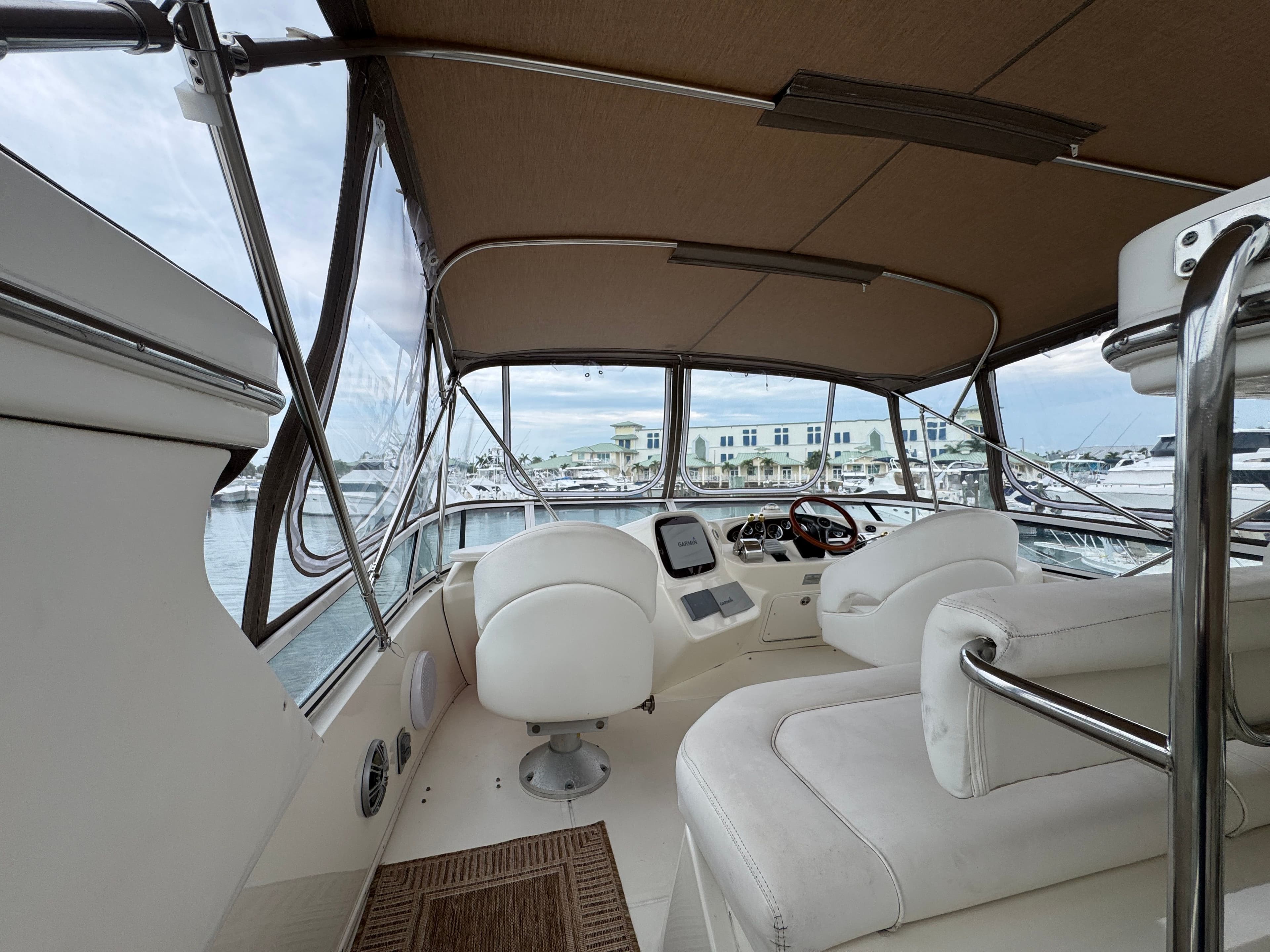 Interior of a 2001 Sea Ray 380 Aft Cabin yacht at the marina.