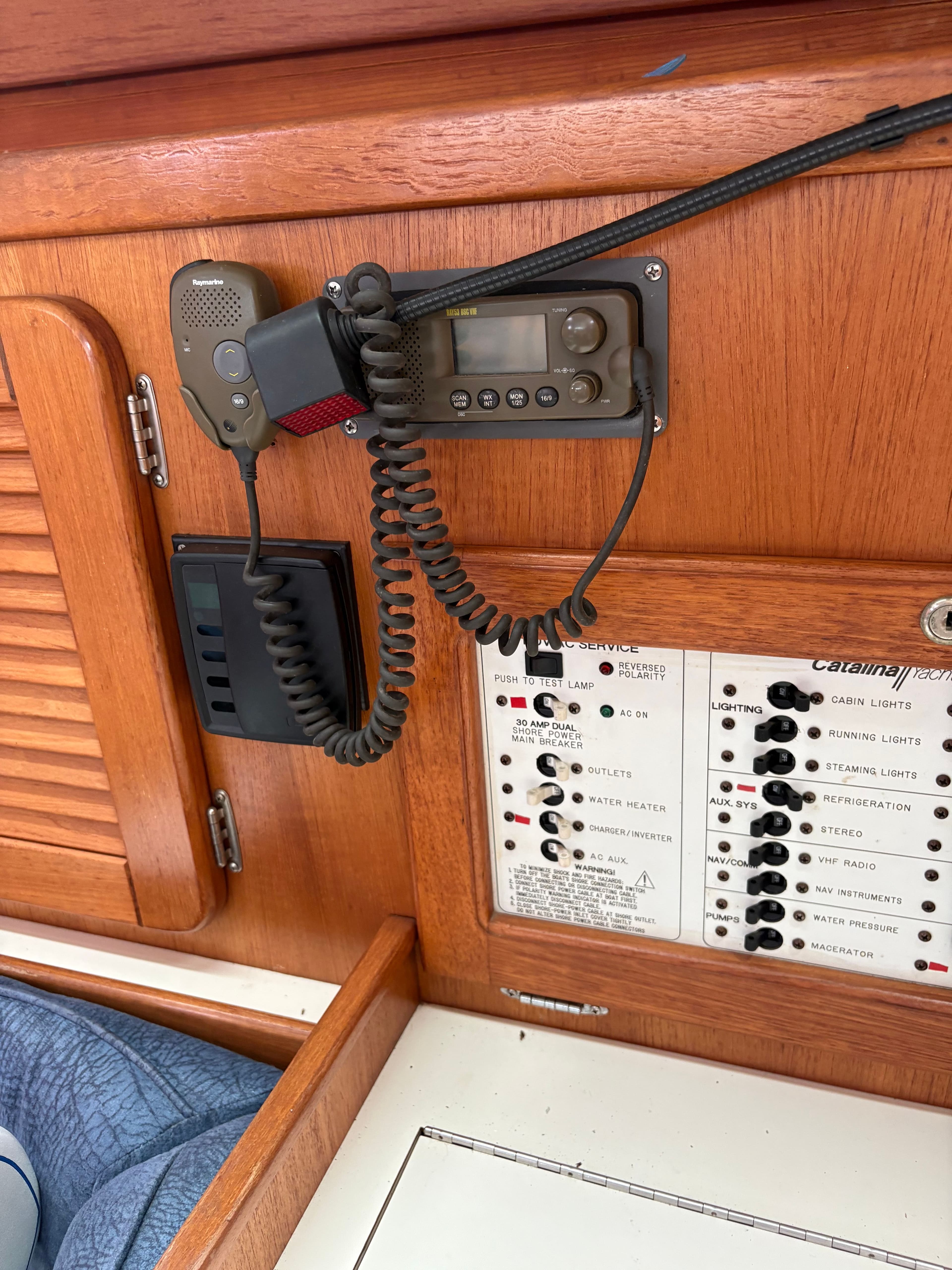 Interior of a 2000 Catalina 36 MkII with radio and control panel.