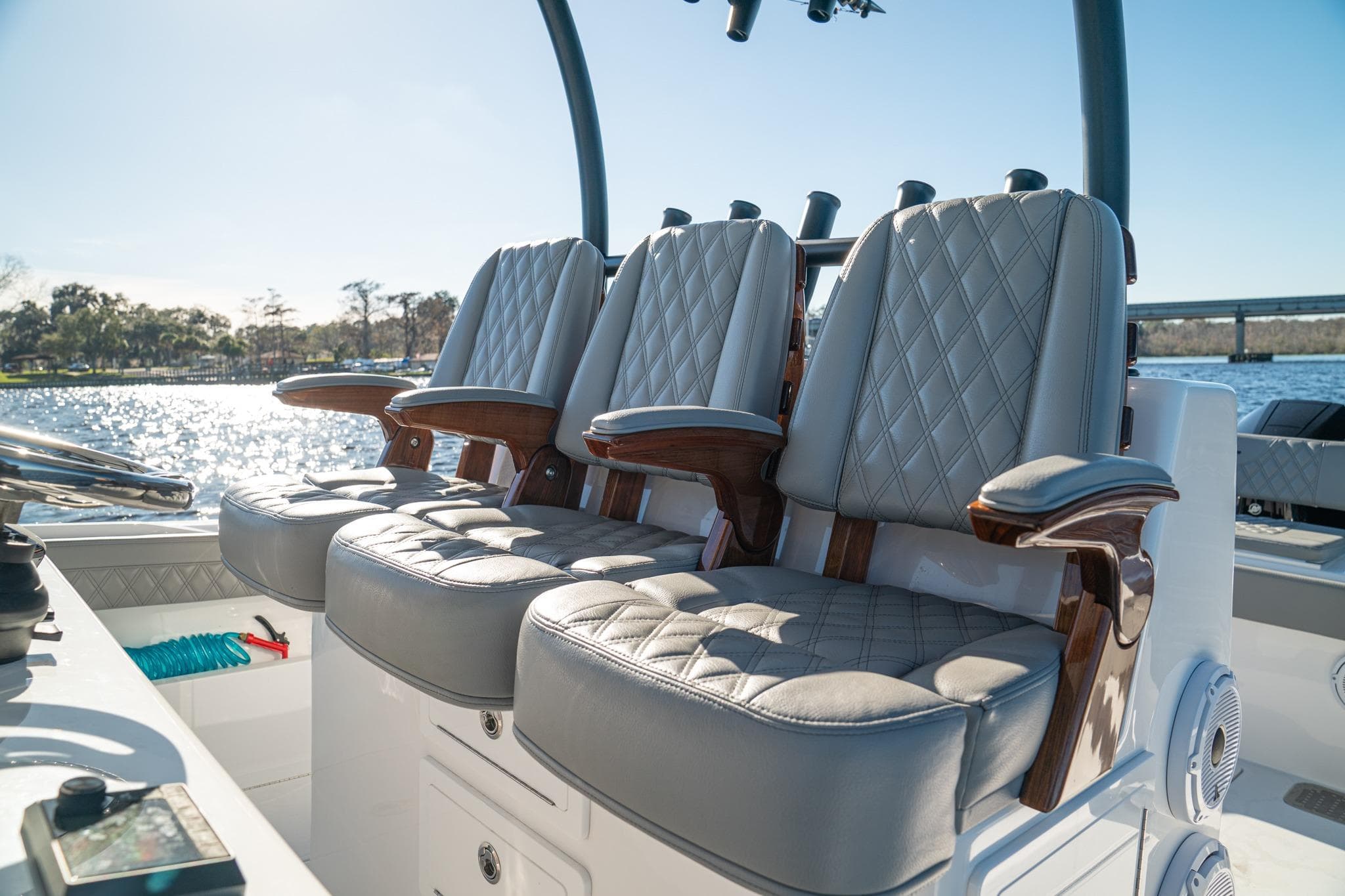 Luxurious seating on 2026 Front Runner 36' Center Console boat, featuring elegant design.