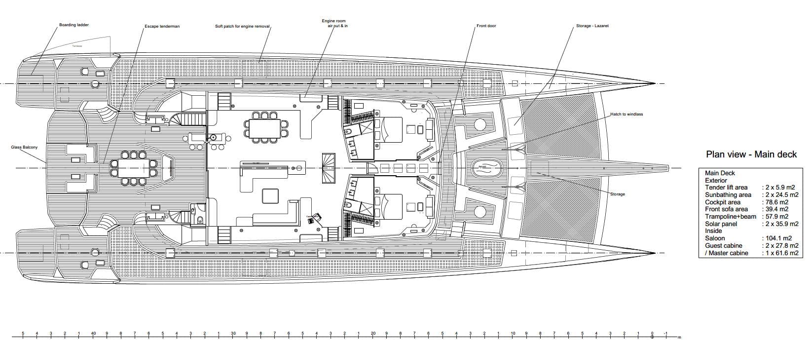 Plan view of 2023 Custom Eco Yachts 153 main deck layout.