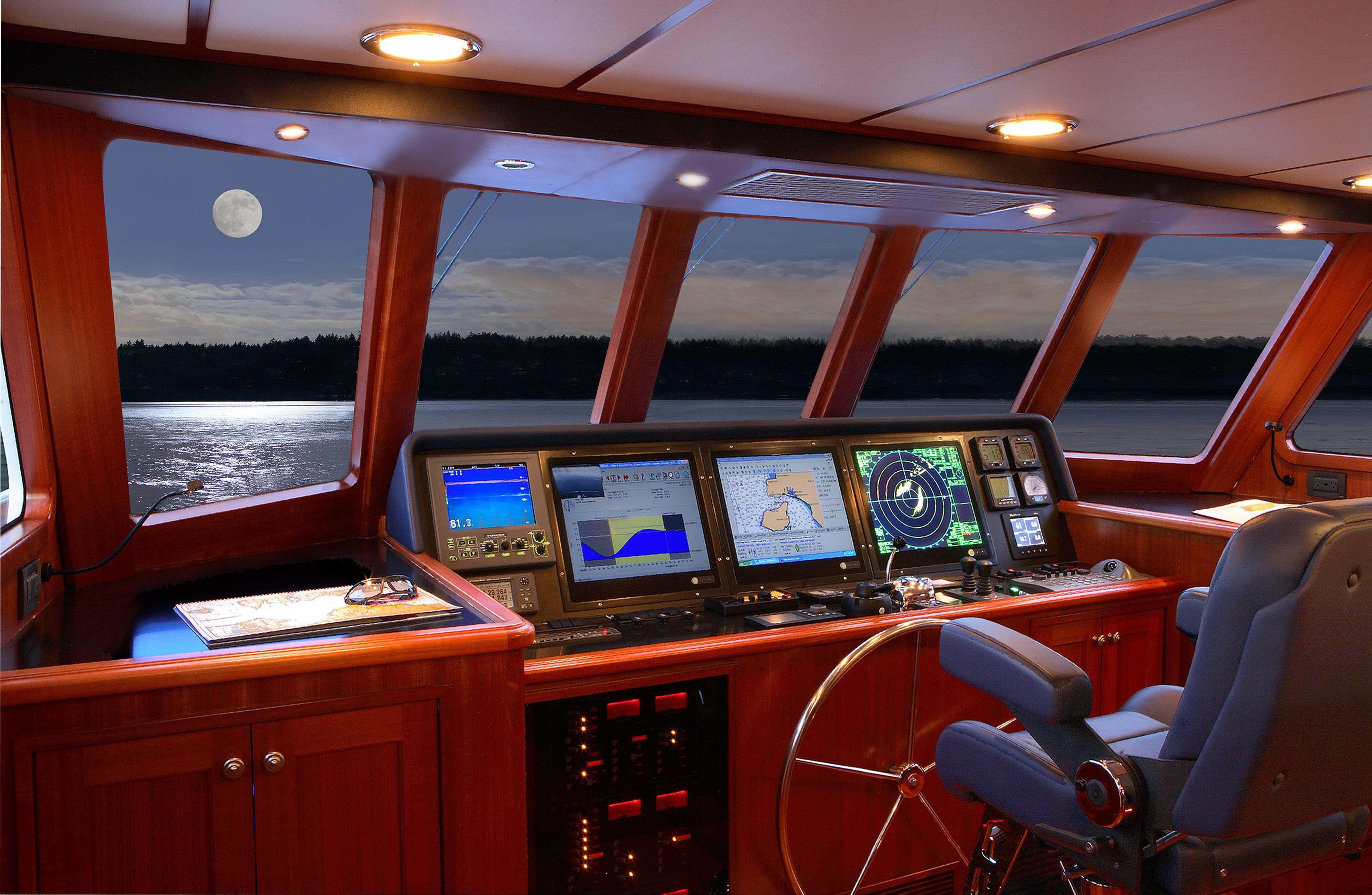 Northern Marine 64 yacht bridge at night, 2025 model.